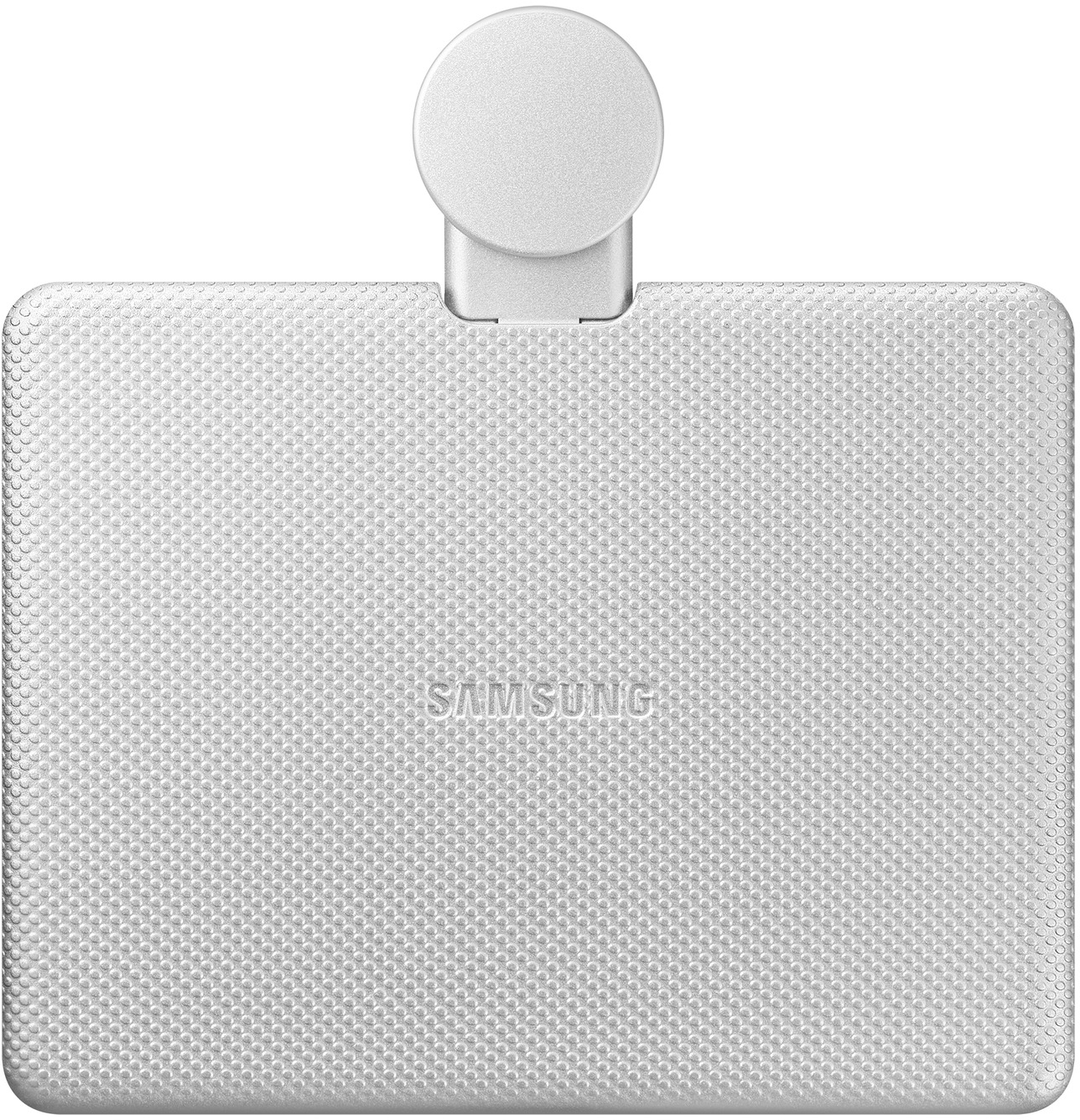 Egy fehér Samsung töltő, kerek tartóval a tetején.