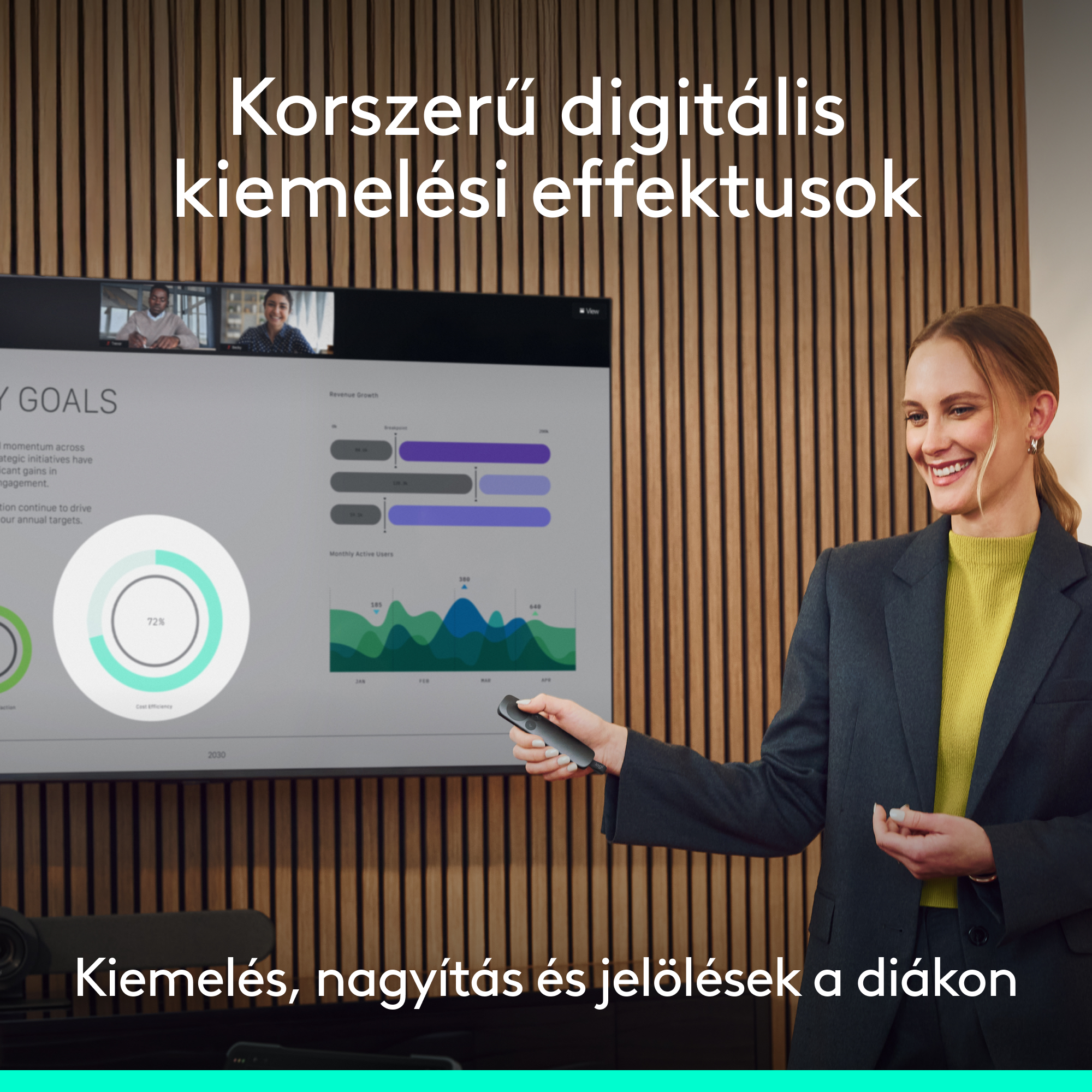 Egy nő távirányítót tart és diagrammokat mutató képernyőre mutat.