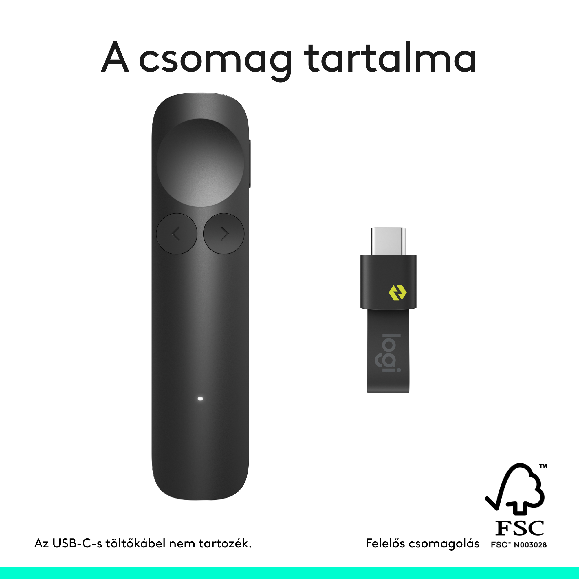 Egy fekete Logitech presenter és egy USB-C dongle Logitech logóval.