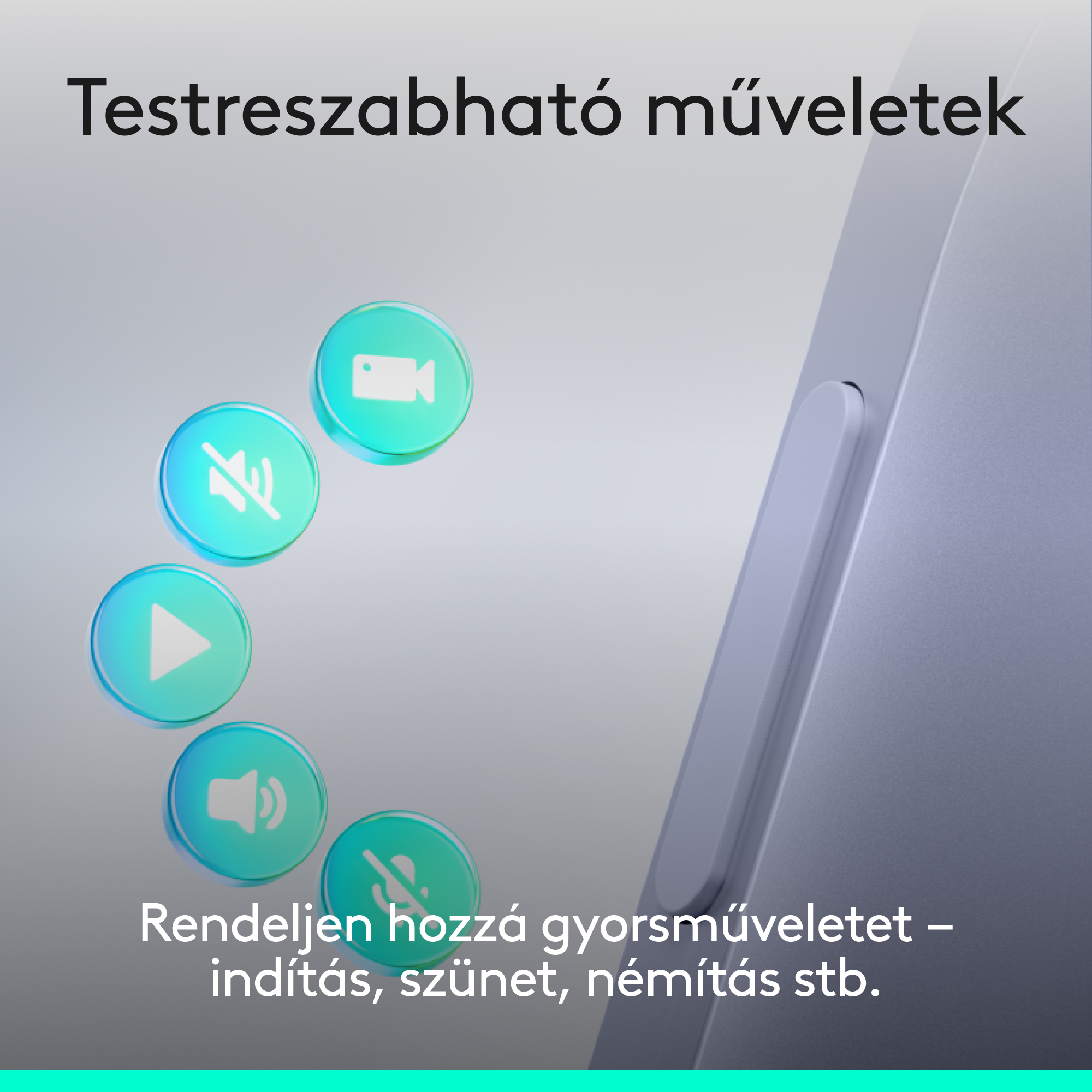 Videó, leállítás, lejátszás, hangerő és mikrofon ikonok szürke háttéren.