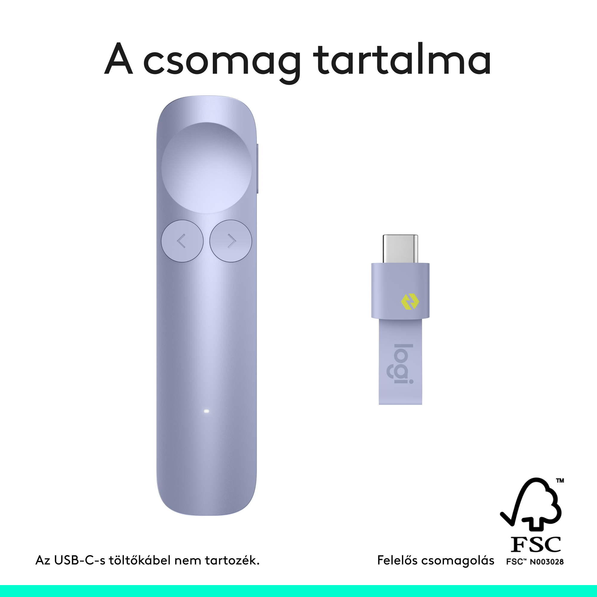 Egy lila prezentáló és egy USB-C vevő logóval.