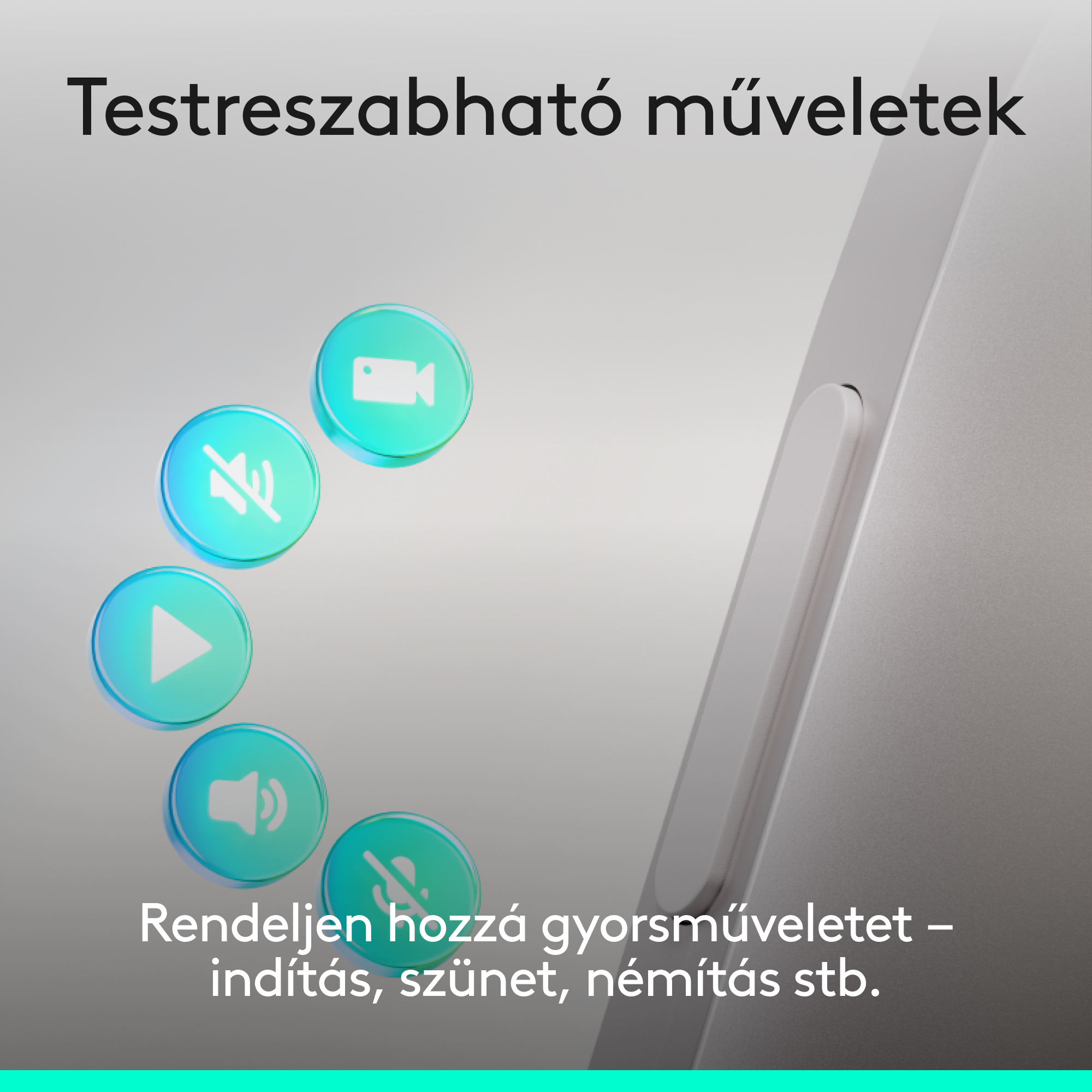 Grafikus ikonok: kamera, némítás, lejátszás, hangszóró, mikrofon némítás.