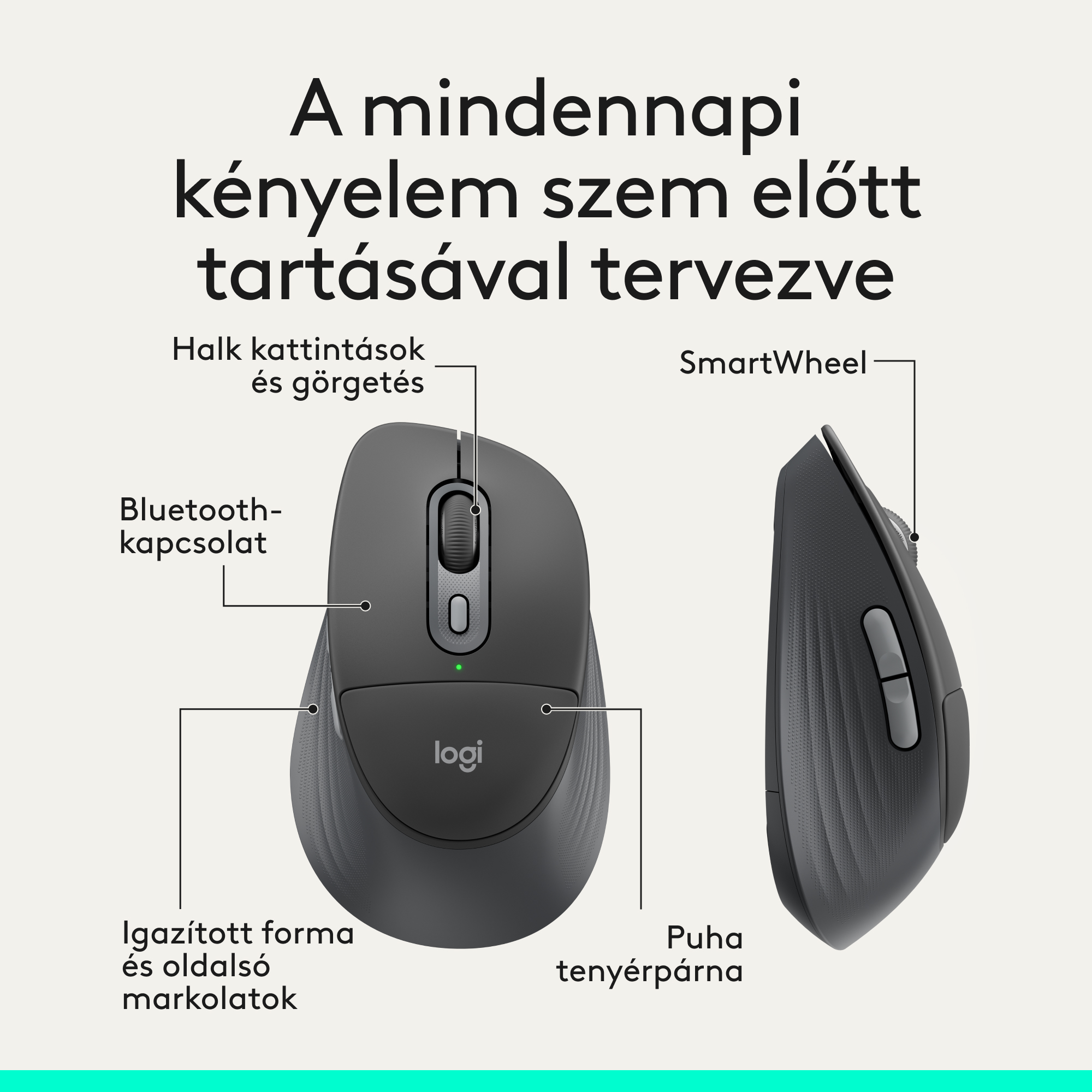 Szürke Logitech egér gombok, görgetőkerék és Bluetooth feliratokkal.
