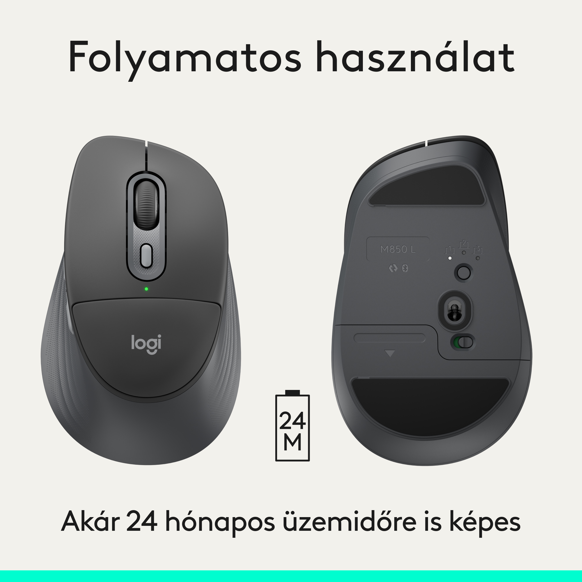 Két Logitech egér, egyik felülről, másik alulról, 24M akku szimbólummal.