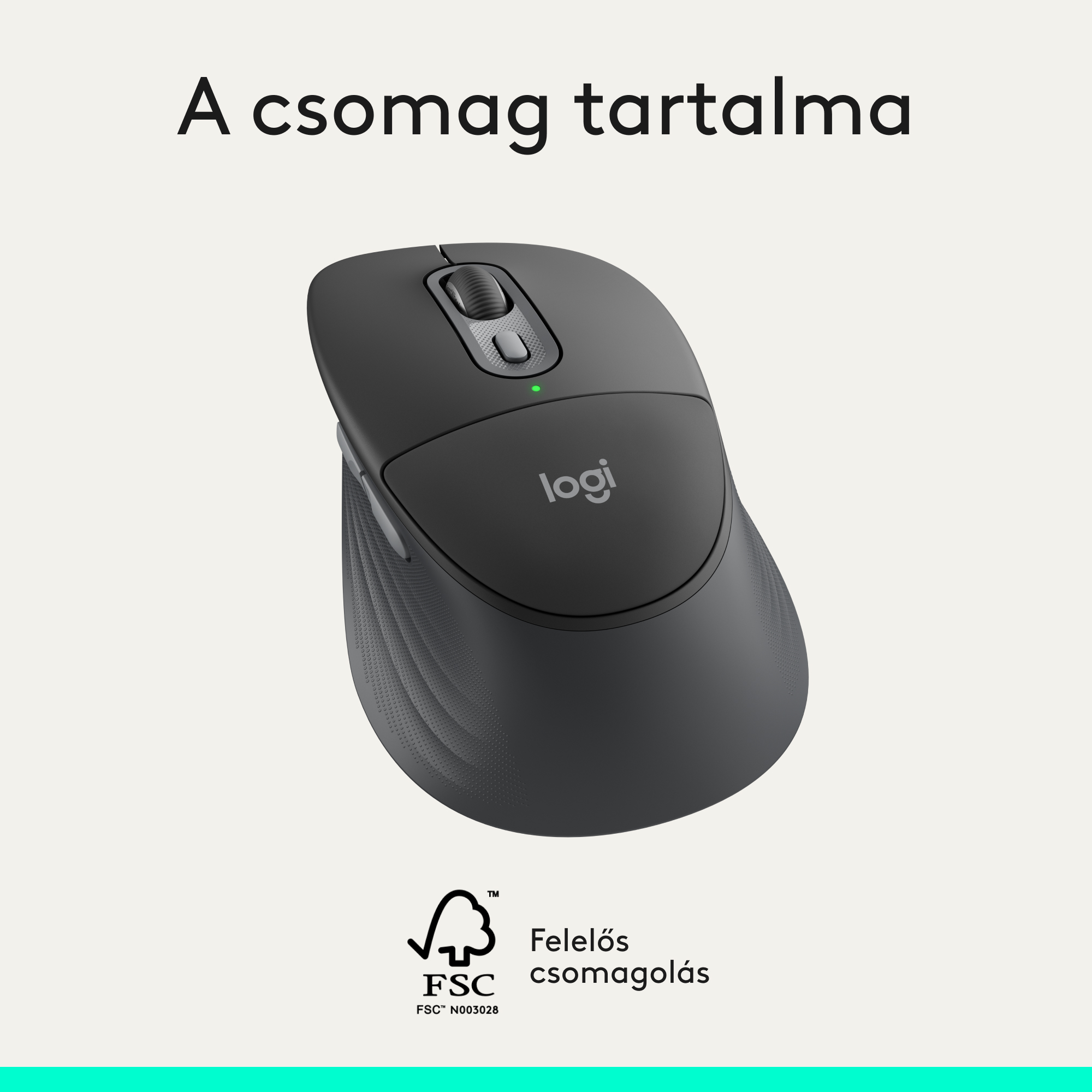 Fekete Logitech egér görgetőkerékkel és zöld fénnyel. Alul FSC logó.