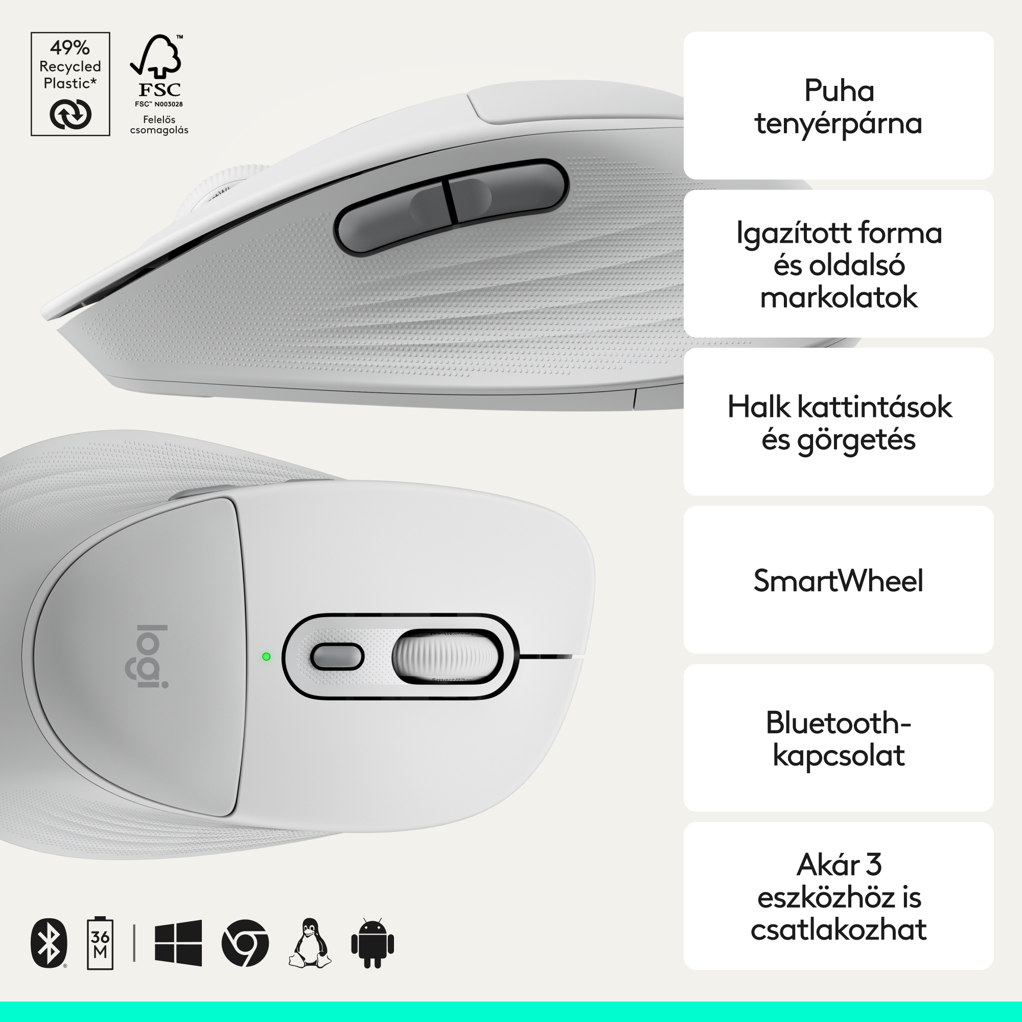 Fehér egér ergonomikus kialakítással, újrahasznosítási szimbólummal.