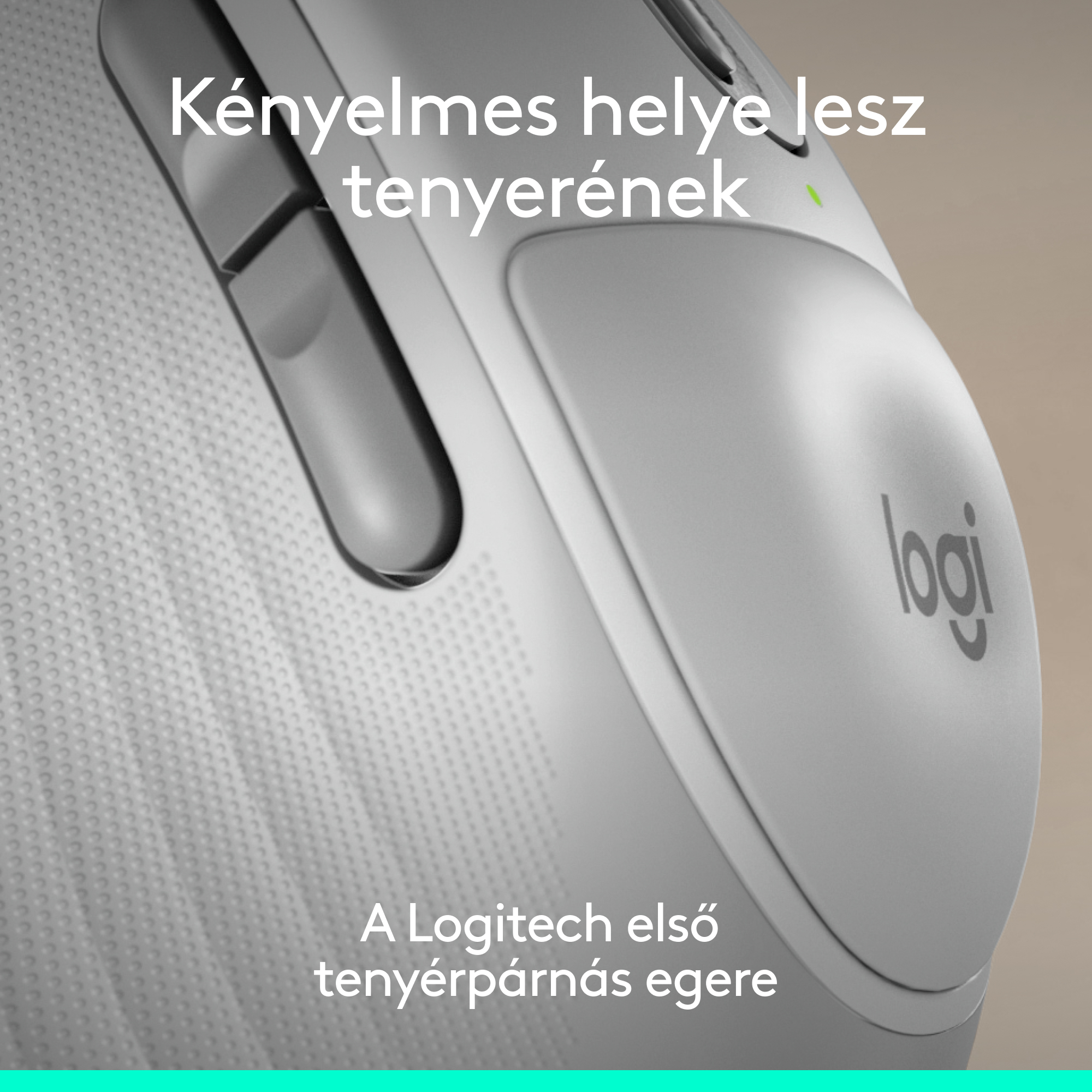 Szürke Logitech egér szöveggel, közelkép.