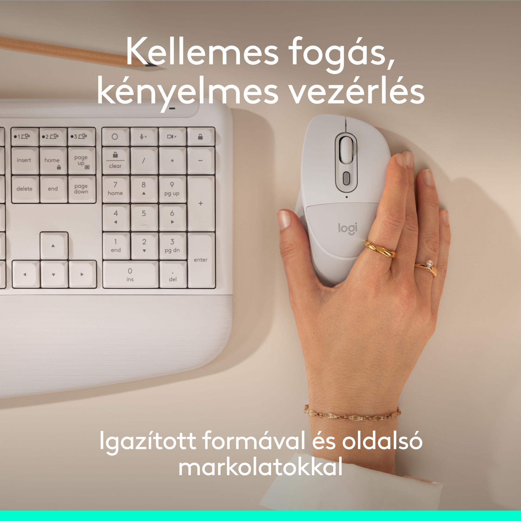 Egy fehér billentyűzetet és egeret egy kéz kezel. Egy ceruza felül fekszik.