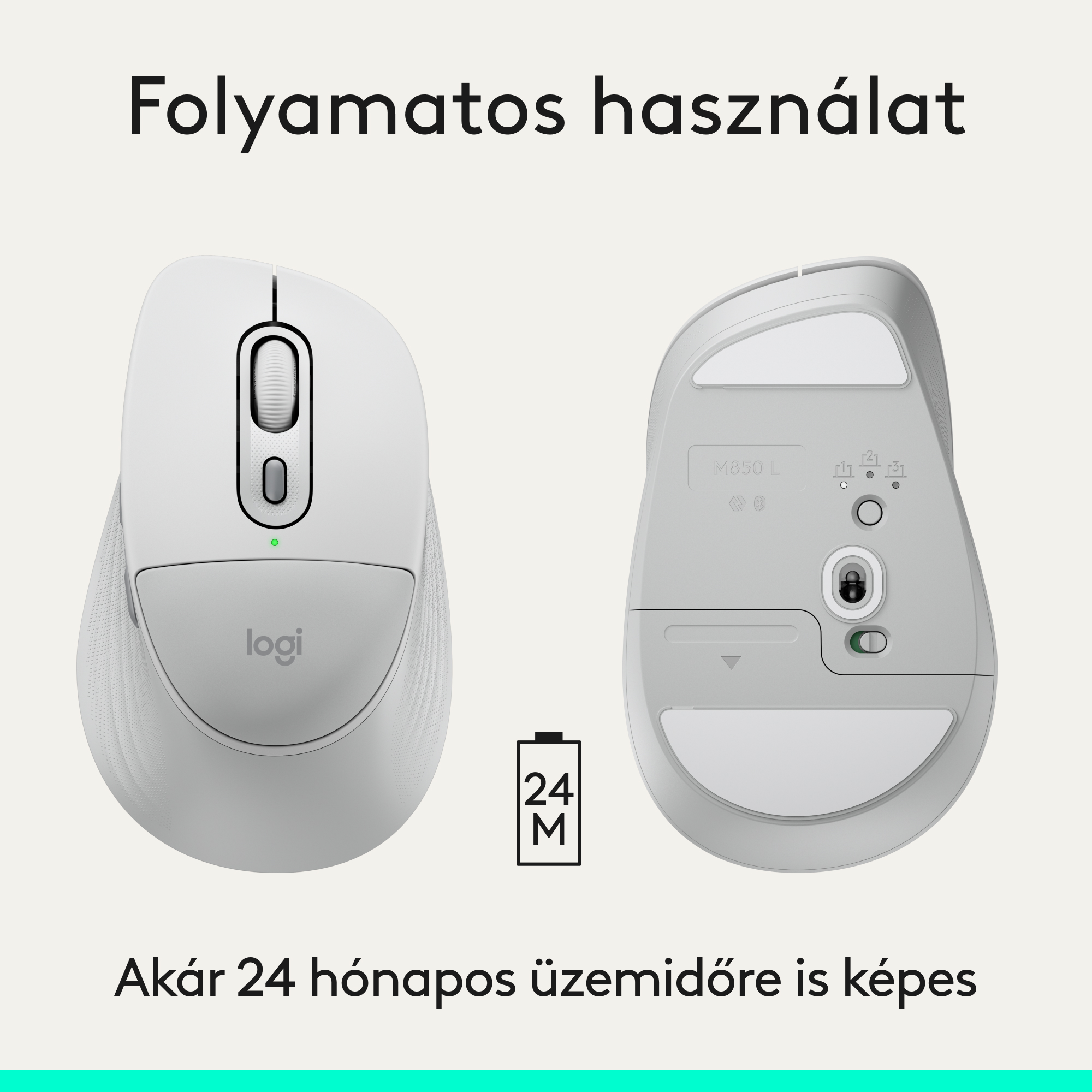 Két fehér Logitech egér, felülnézet és alulnézet. Akkumulátor ikon.