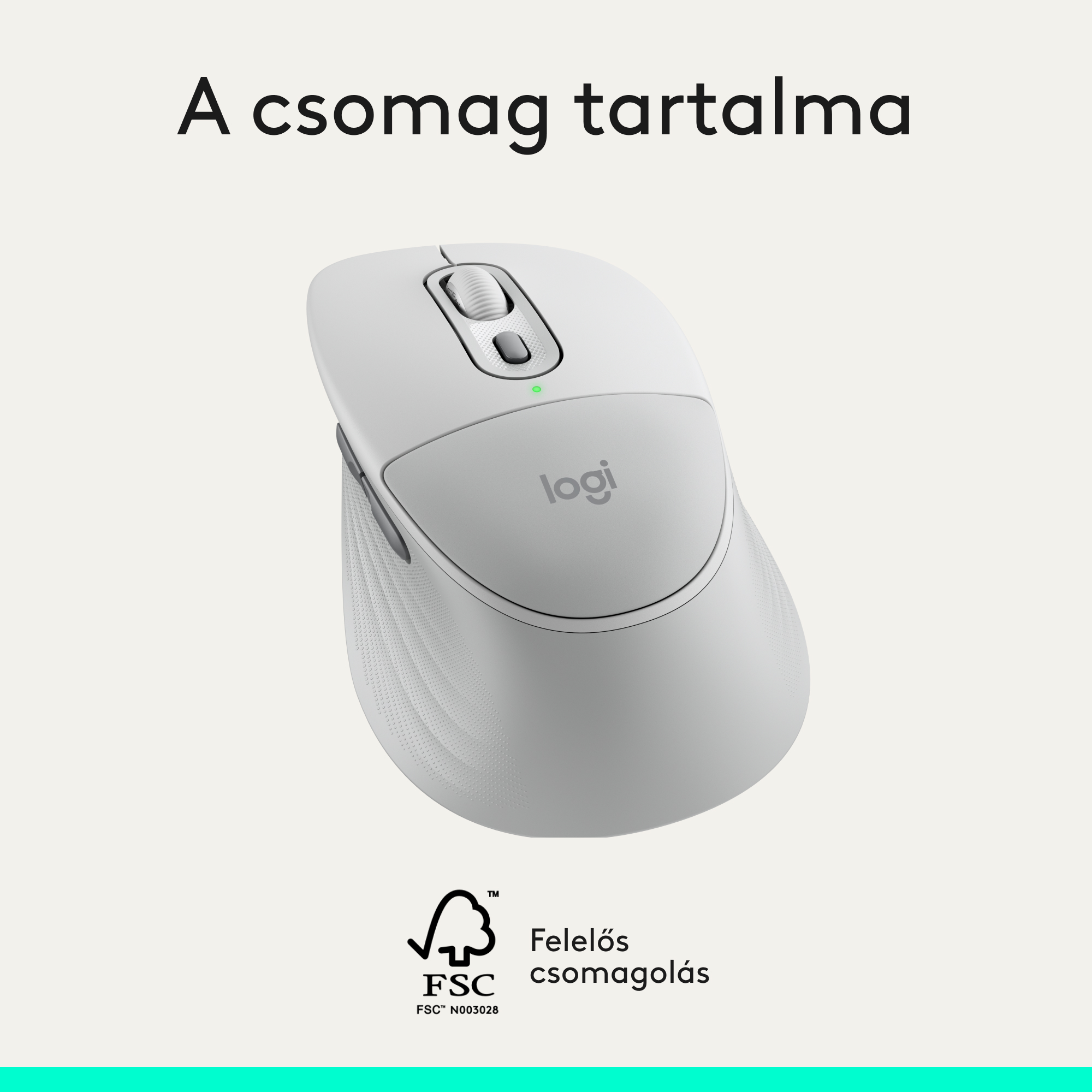 Fehér Logitech számítógépes egér Logitech logóval és FSC pecséttel.