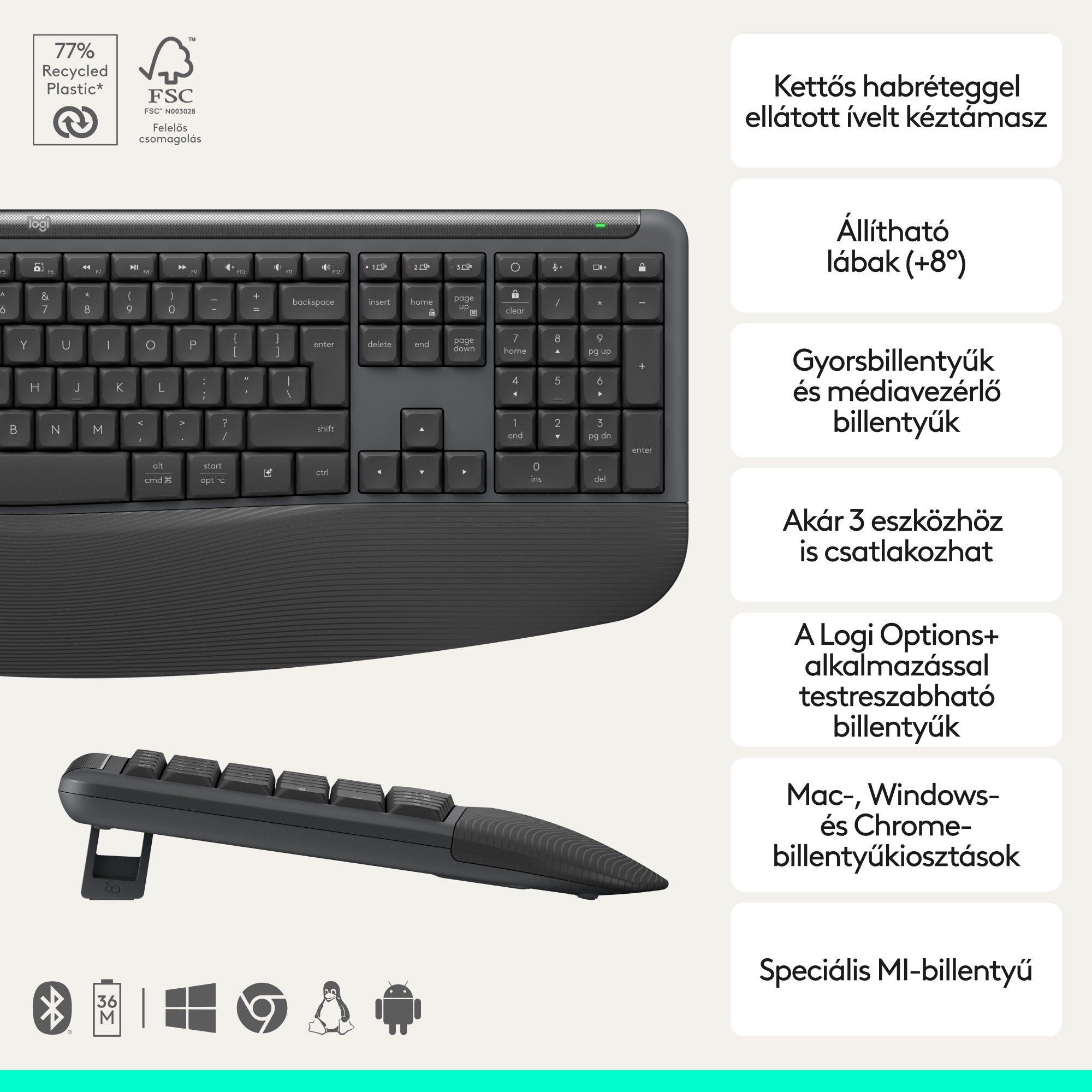 Szürke Logitech billentyűzet ívelt csuklótámasszal, termékjellemzők a jobb felső sarokban.