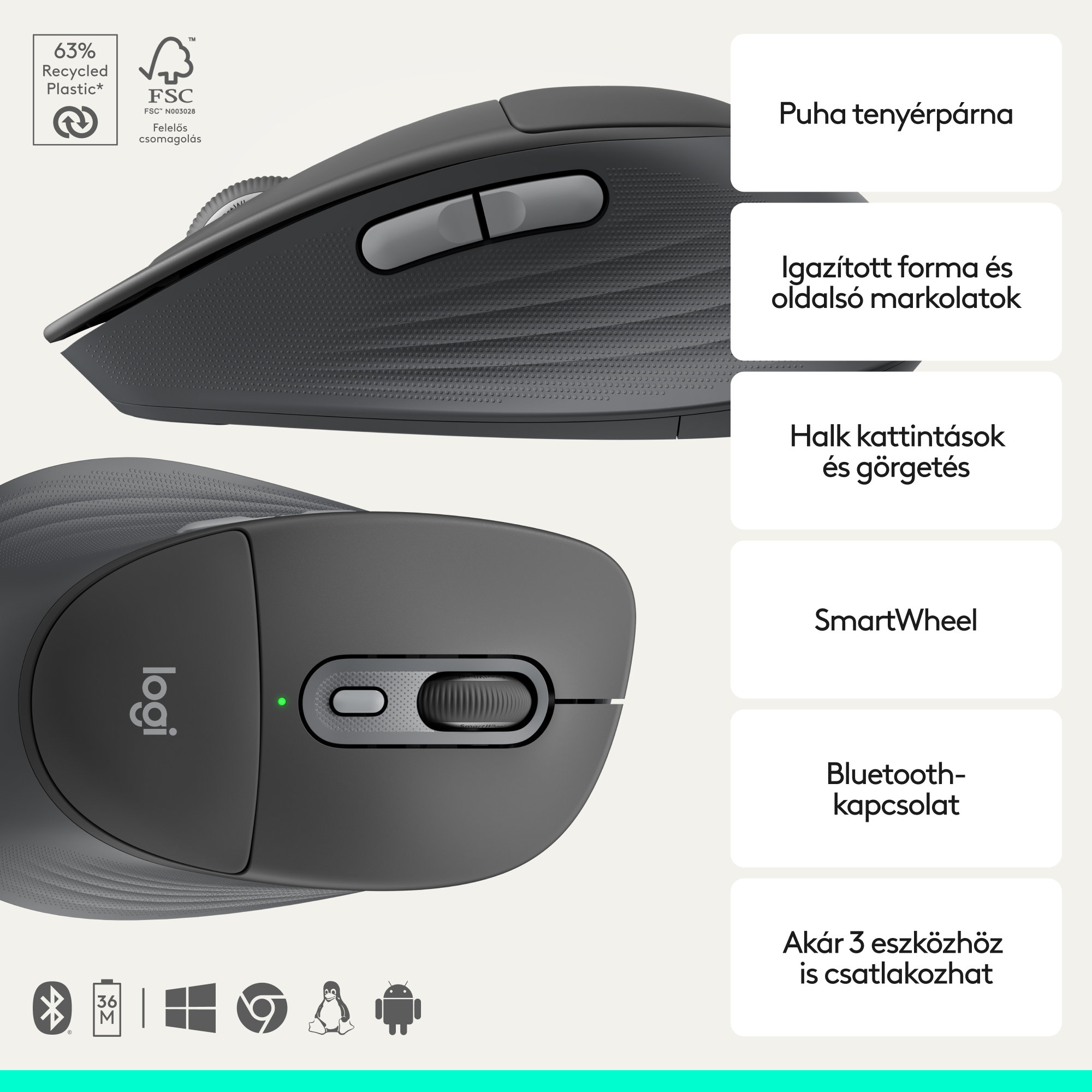 Sötétszürke Logitech egér görgetőkerékkel, gombokkal, markolattal. Balra fent FSC és újrahasznosított műanyag logók.