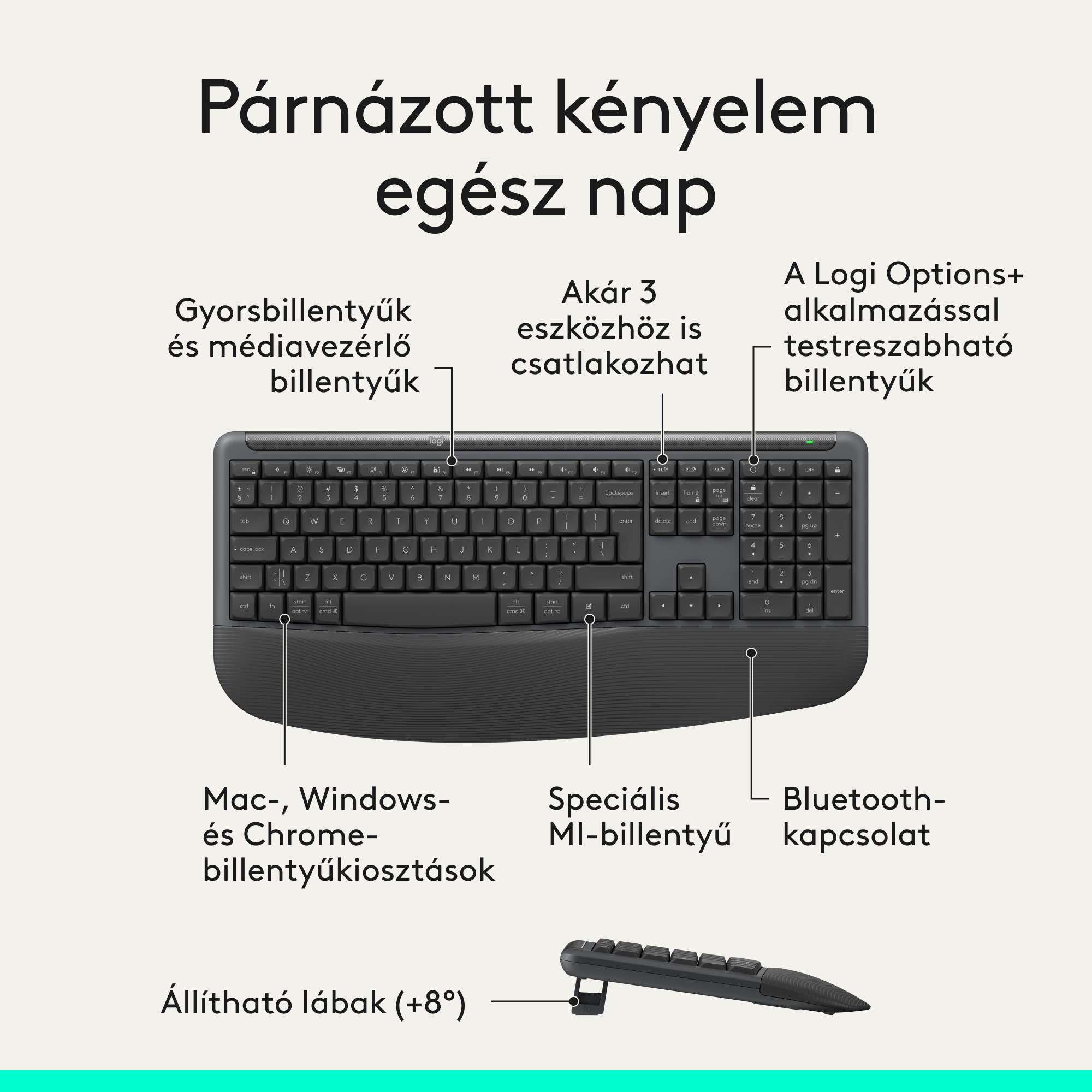 Ergonomikus billentyűzet média gombokkal, többeszközös kapcsolattal és Logi Options+.