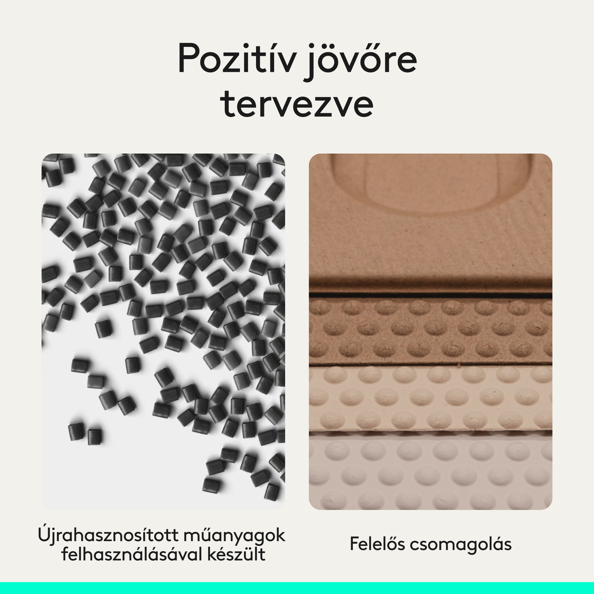Fekete műanyag granulátumok és barna/fehér pöttyös csomagolóanyagok.
