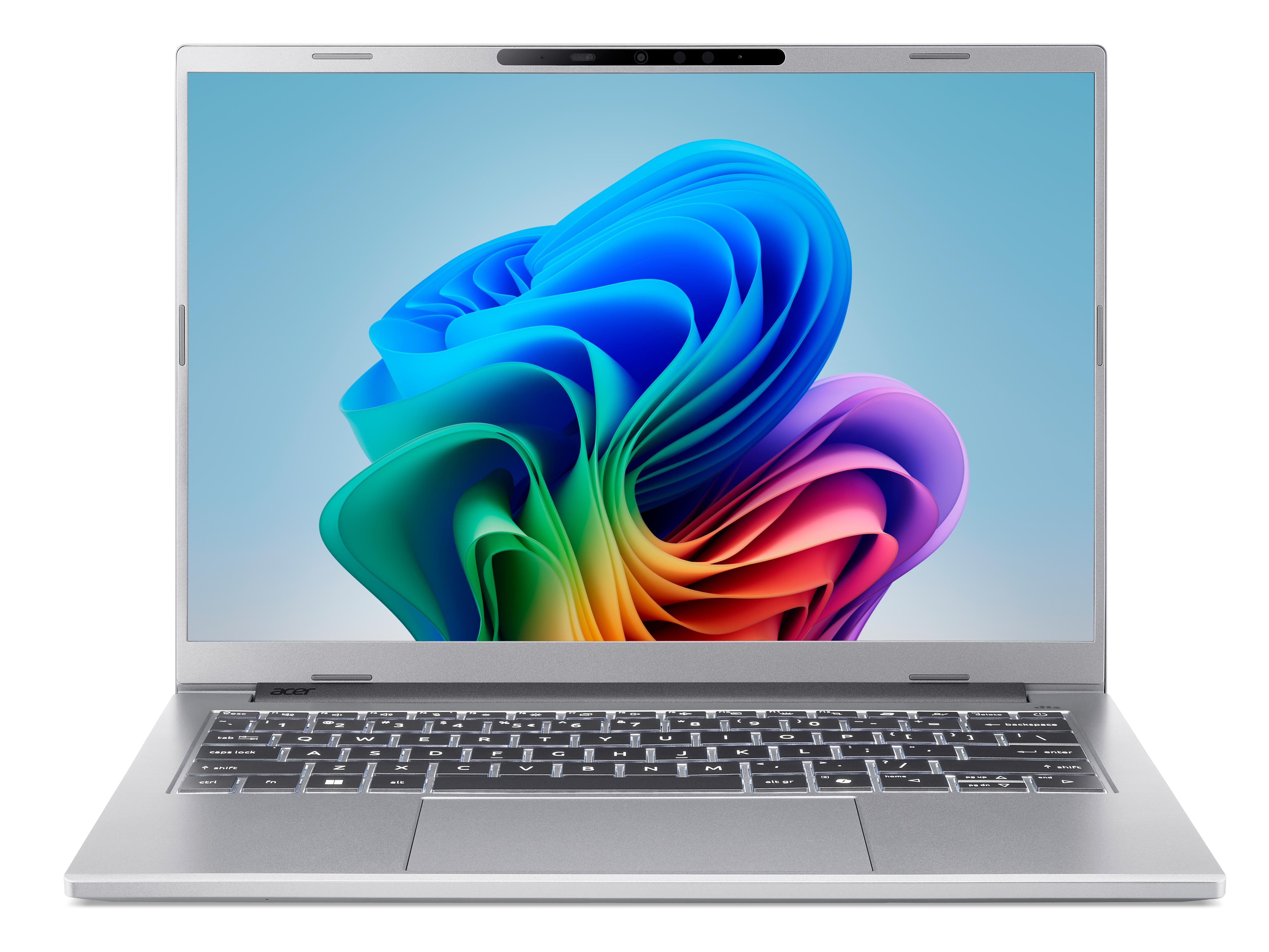 Srebrny laptop Acer z kolorową, abstrakcyjną tapetą na ekranie.