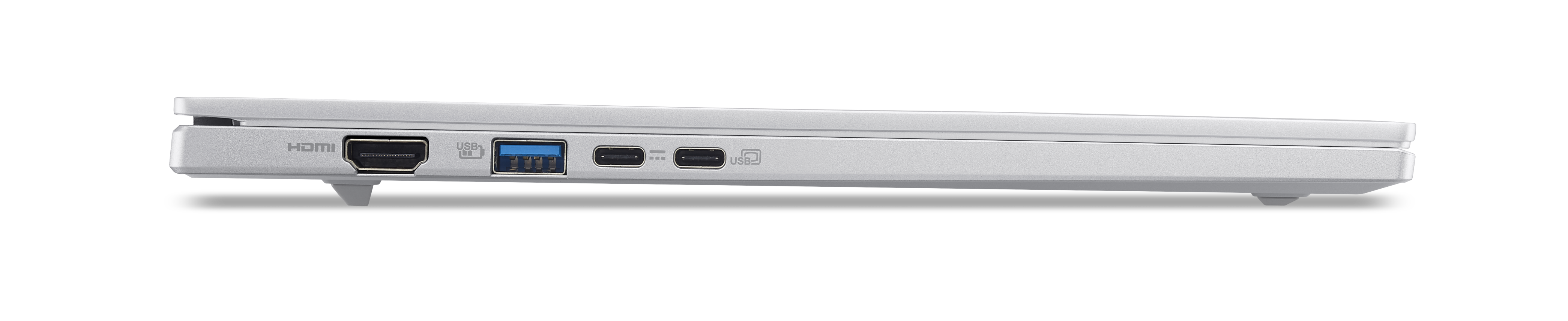 Srebrny laptop pokazujący porty HDMI, USB-A i USB-C.