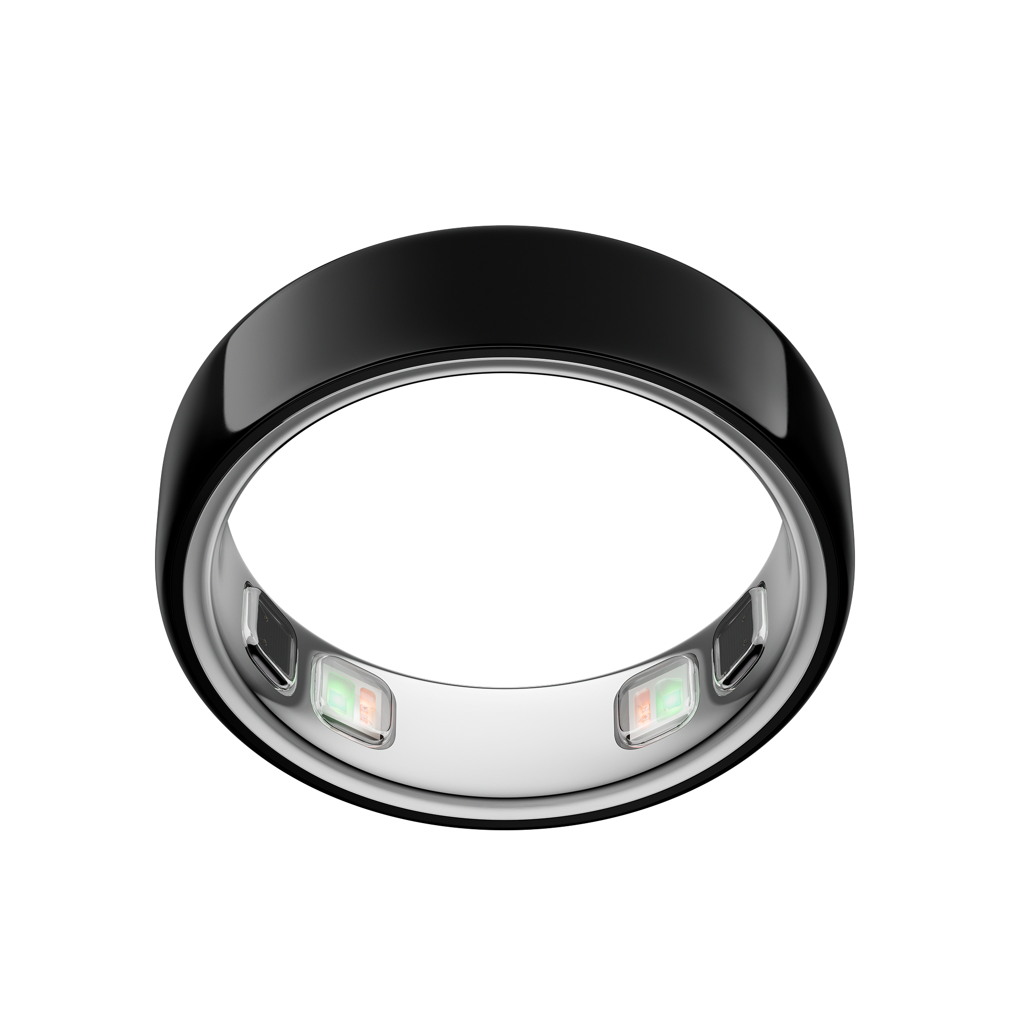 Ein schwarzer Ring mit silbernen Akzenten und Lichtern. Weißer Hintergrund.