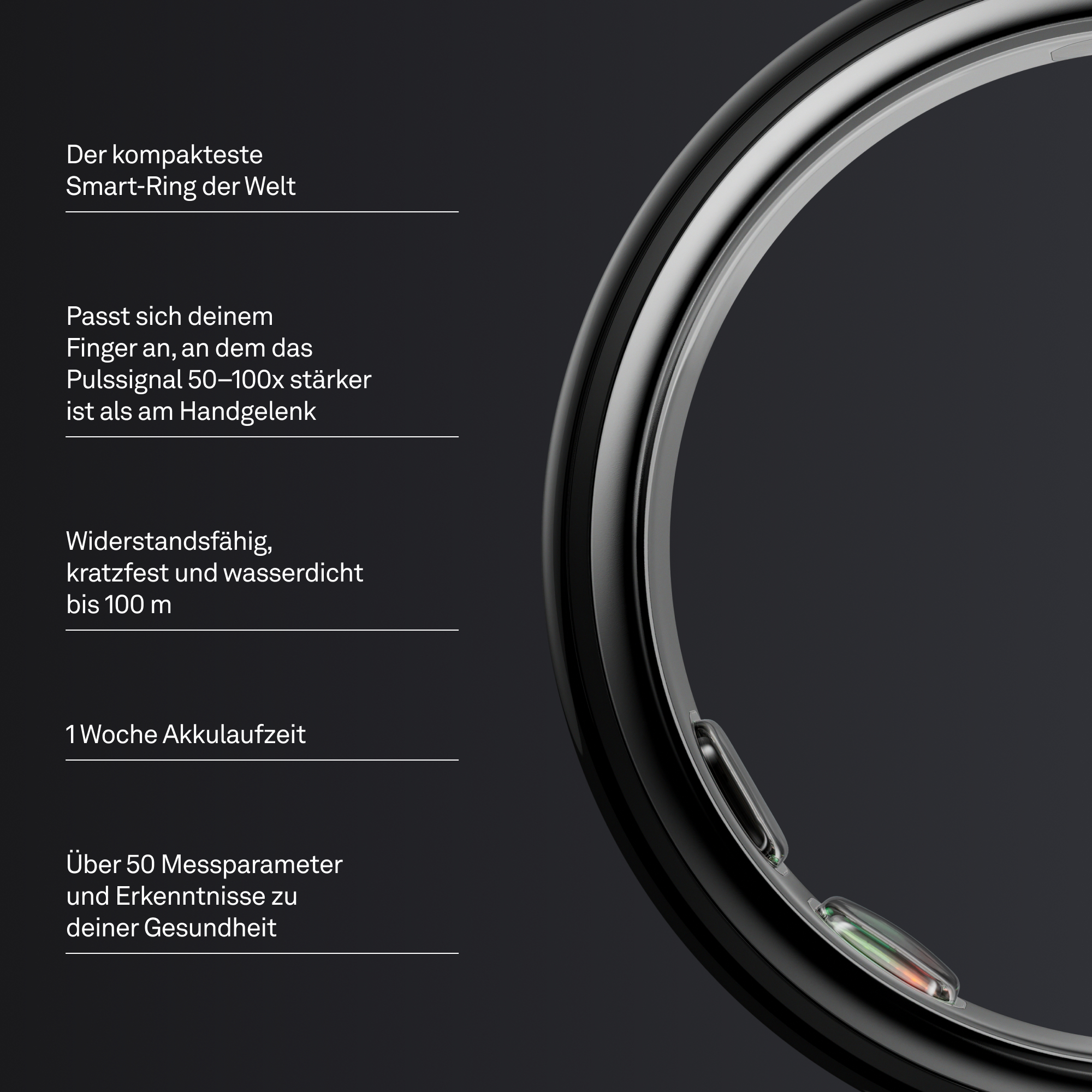 Ein kompakter Smart-Ring aus Metall mit Textbeschreibung. Wasserdicht bis 100m.