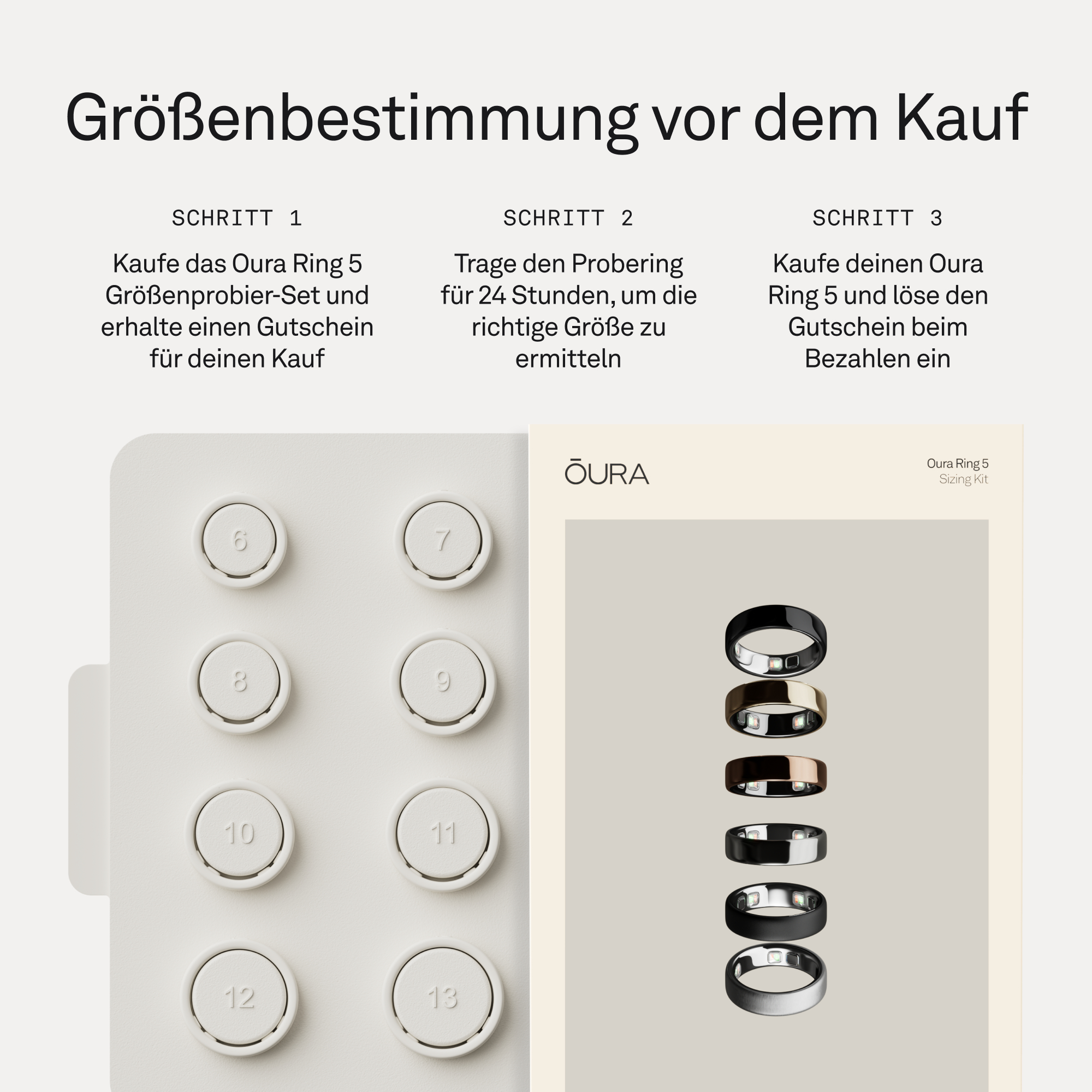 Schritte zur Größenbestimmung des Oura Rings mit Größenwahl-Set und Ringen.