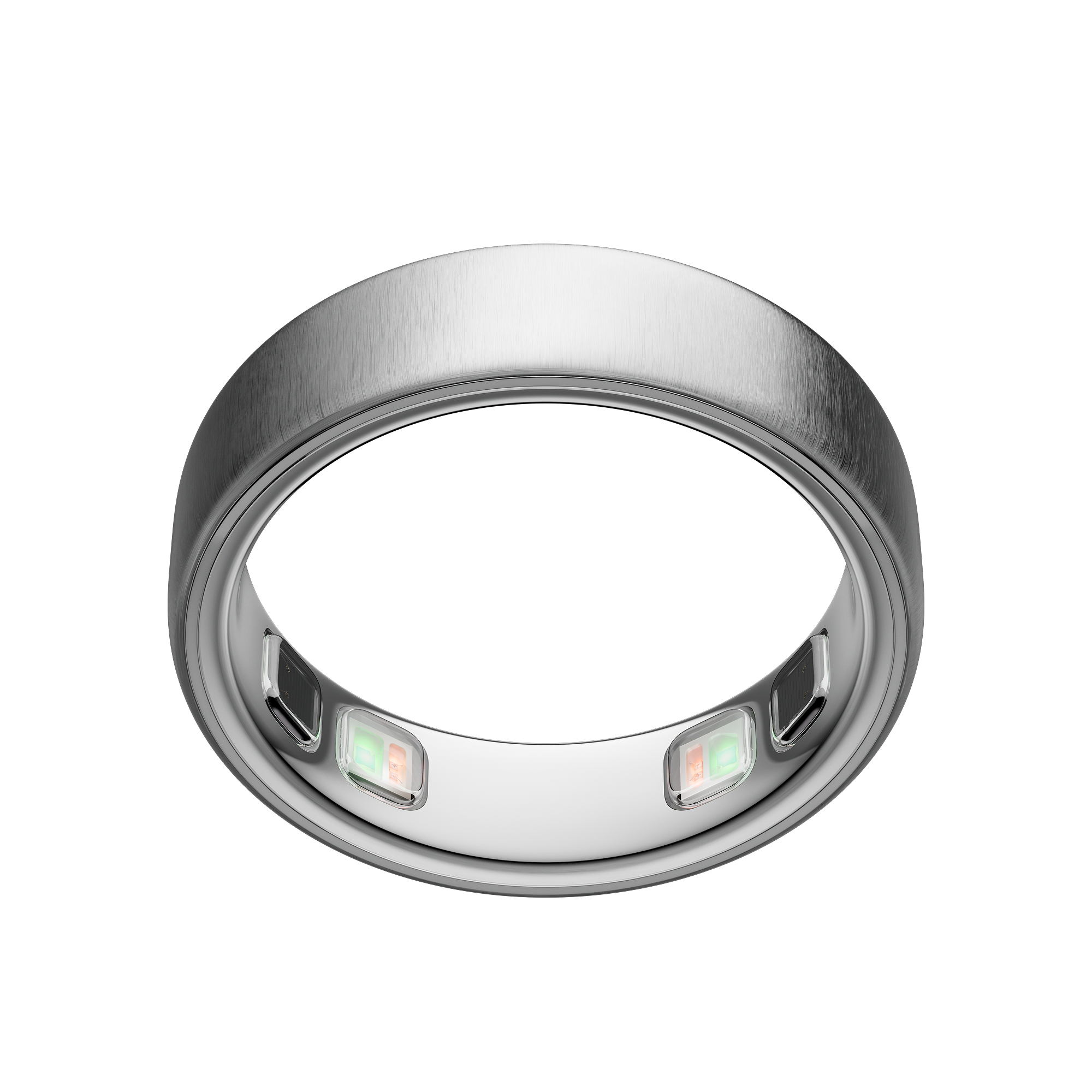 Ein silberner Ring mit Lichtern in Grün und Orange auf weißem Hintergrund.