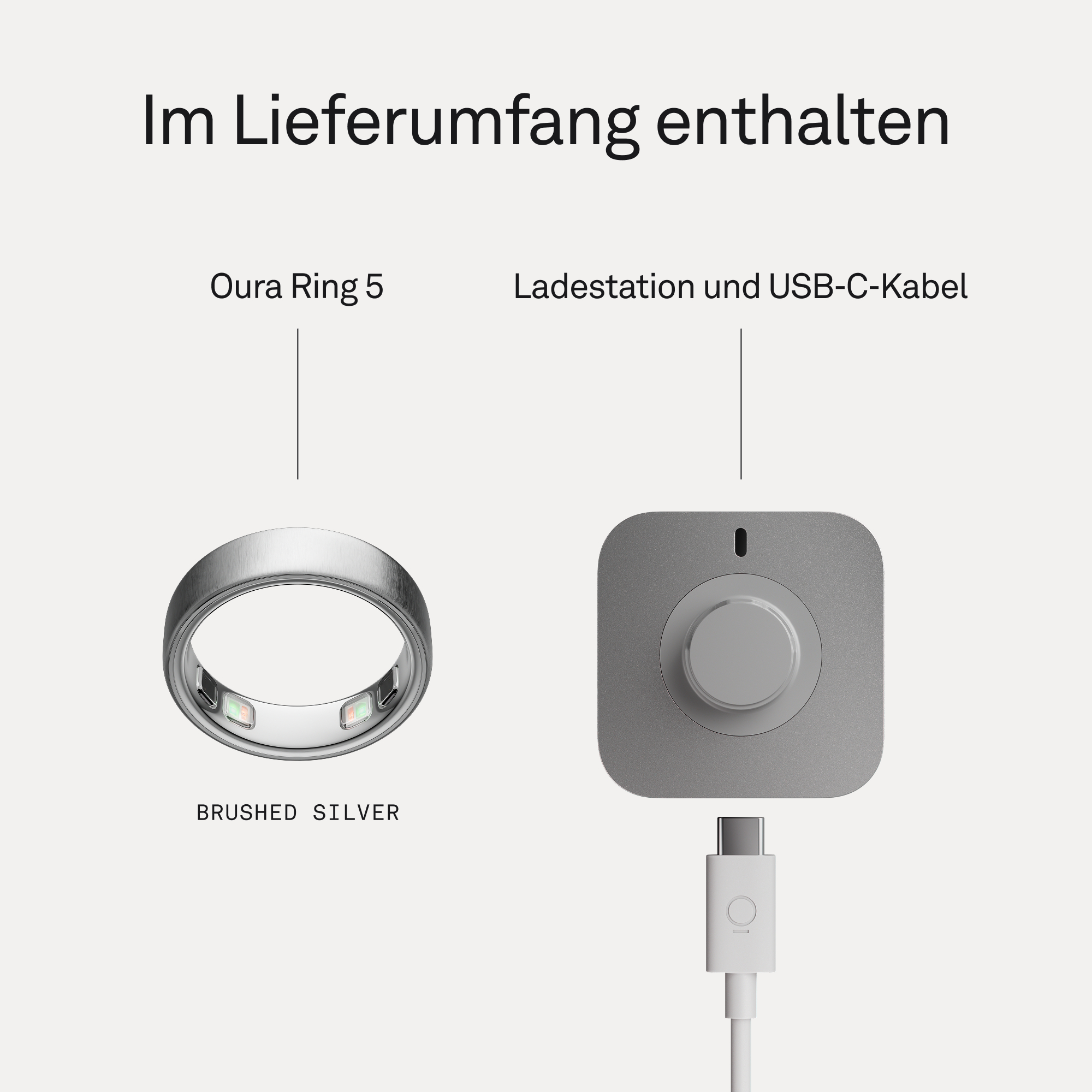 Ein silberner Ring und eine Ladestation mit USB-C-Kabel.