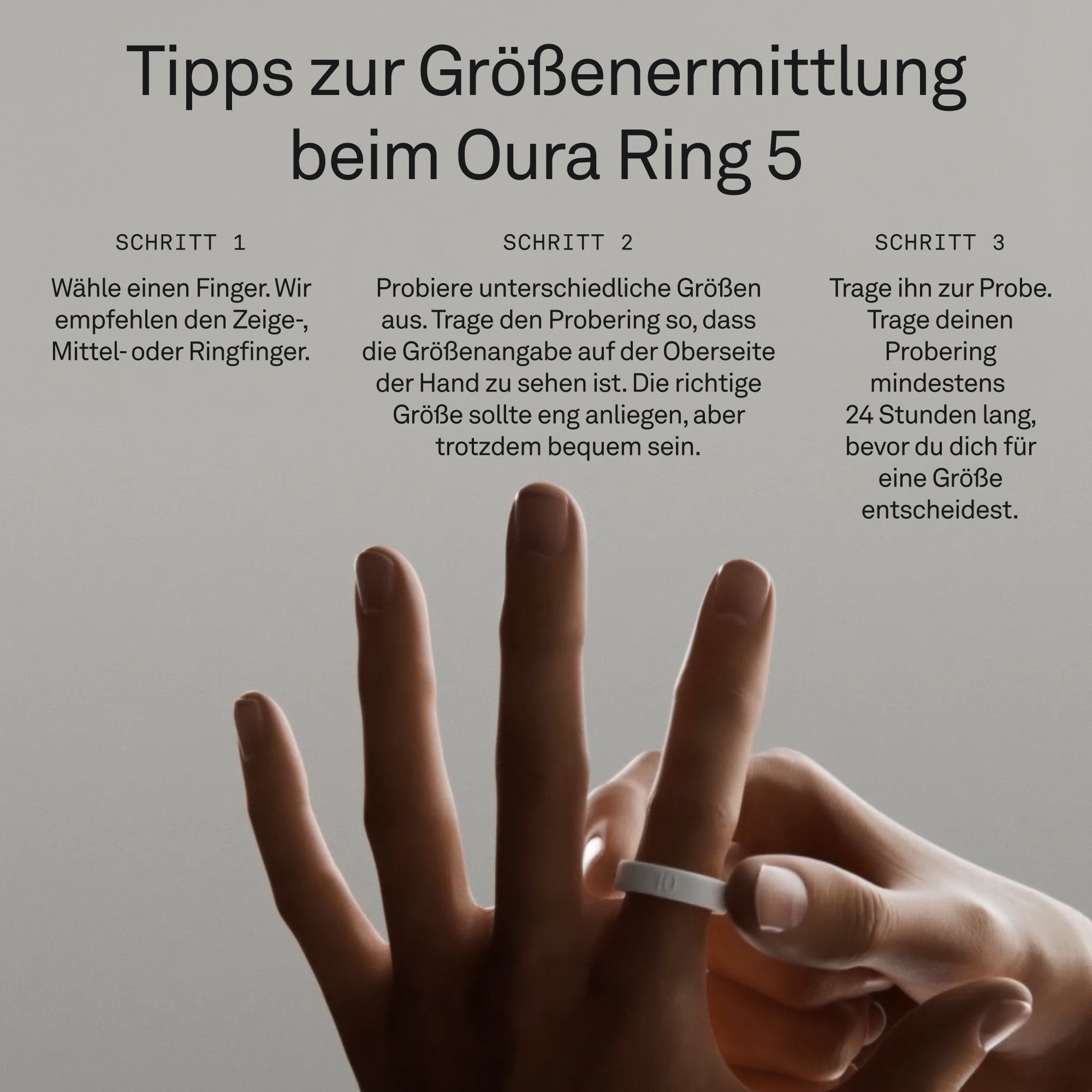 Anleitung zur Größenermittlung für Oura Ring 5 mit Finger und Probering.