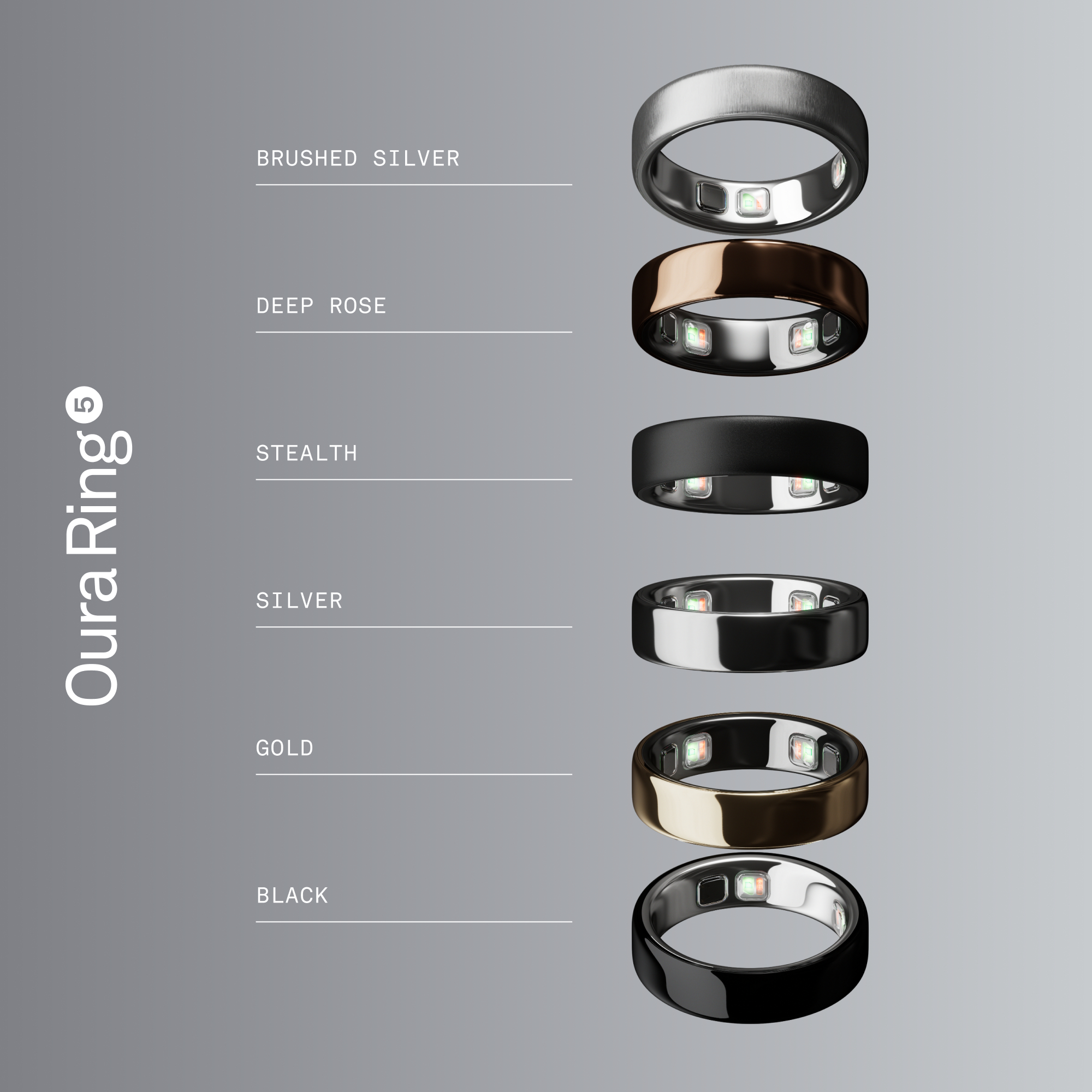 Sechs Oura Ringe in verschiedenen Farben: Silber, Roségold, Schwarz und Gold.