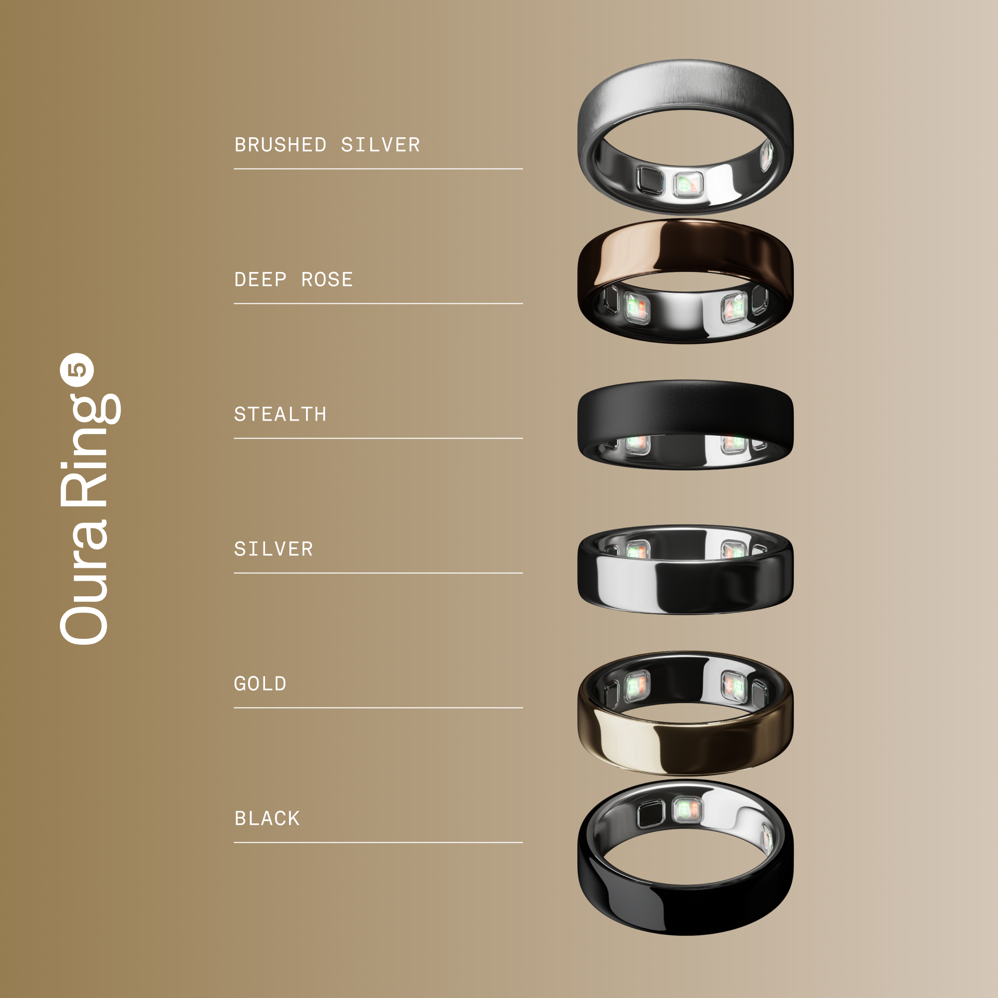 Sechs Oura-Ringe in verschiedenen Farben mit Lichtern im Inneren.