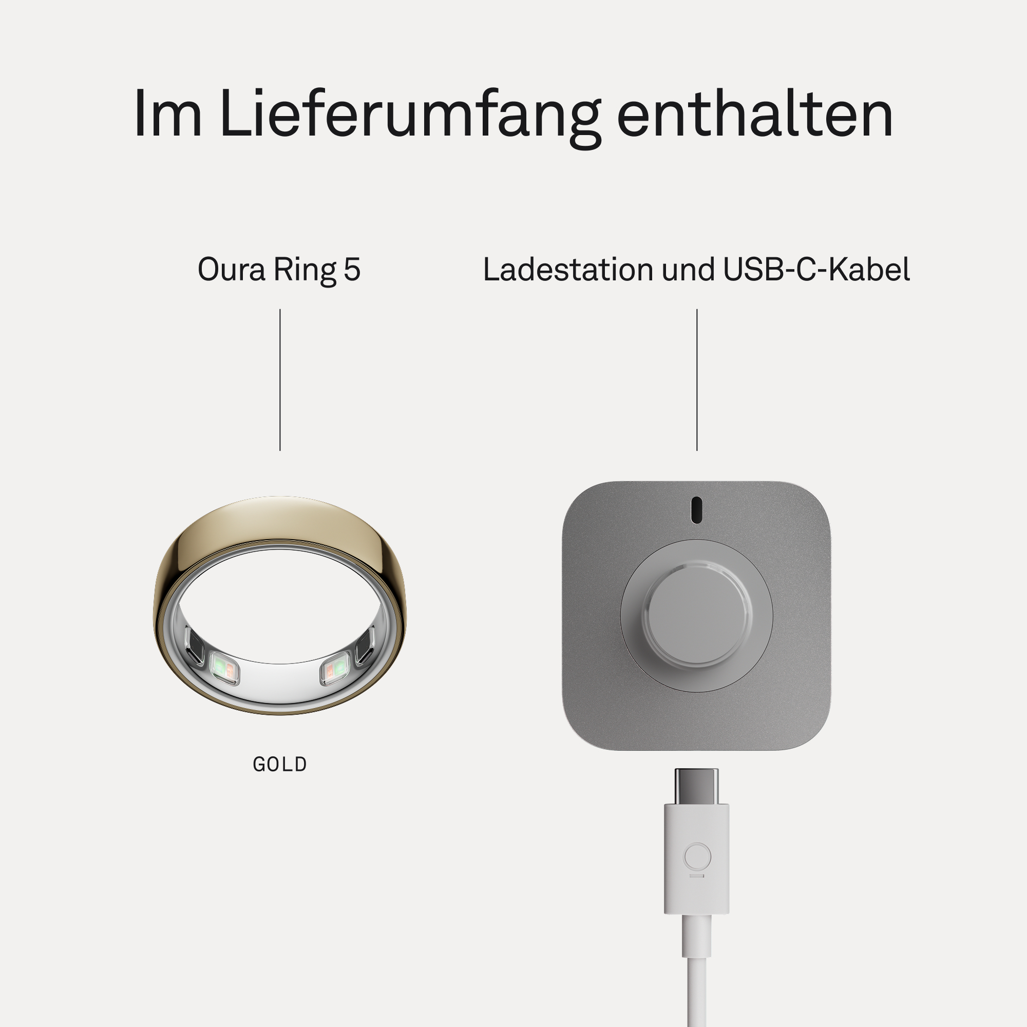 Goldener Ring und Ladestation mit USB-C-Kabel.