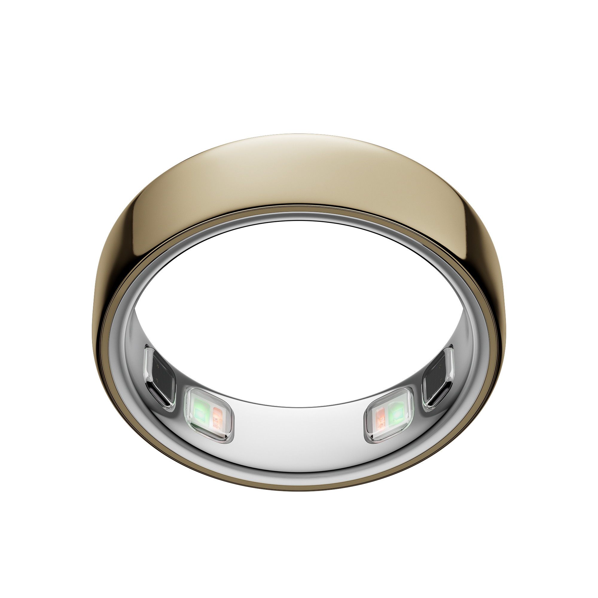 Goldener Ring mit Lichtern und Sensoren auf weißem Hintergrund.