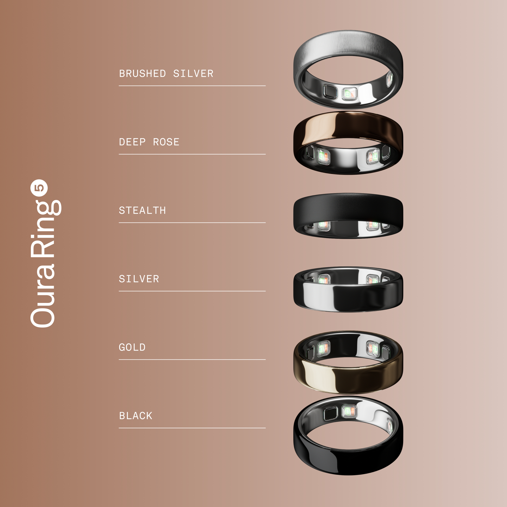Sechs Oura-Ringe in verschiedenen Farben: Silber, Roségold, Schwarz, Silber.