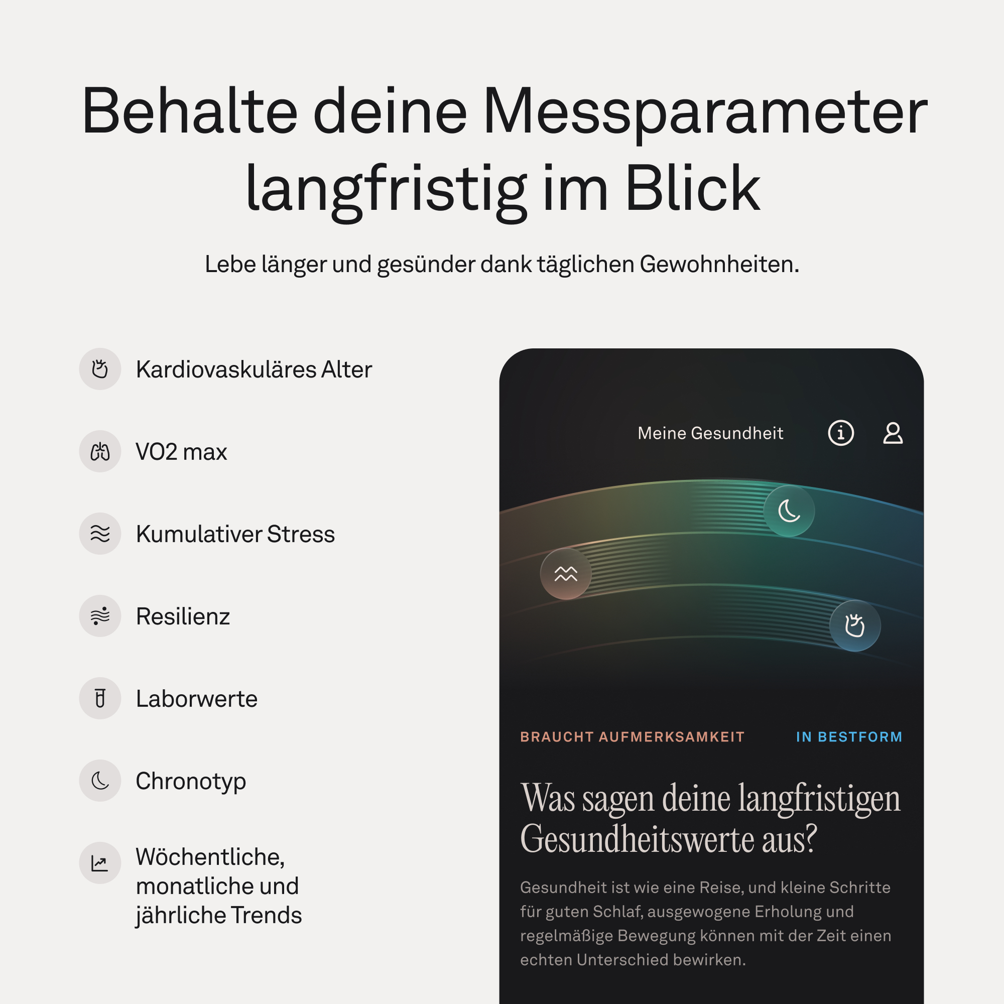 Übersicht über Gesundheitsmetriken mit Icons für Alter, VO2 max, Stress, Resilienz, Laborwerte, Chronotyp und Trends.