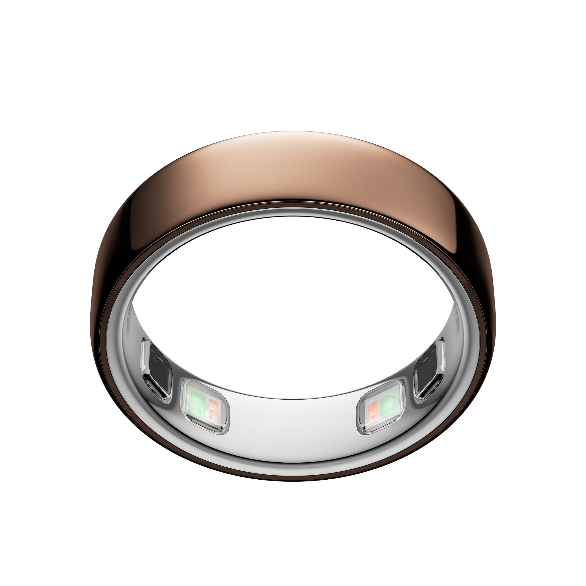 Ein glänzender, bronzefarbener Ring mit silberner Innenseite und grünen/orangen Lichtern.
