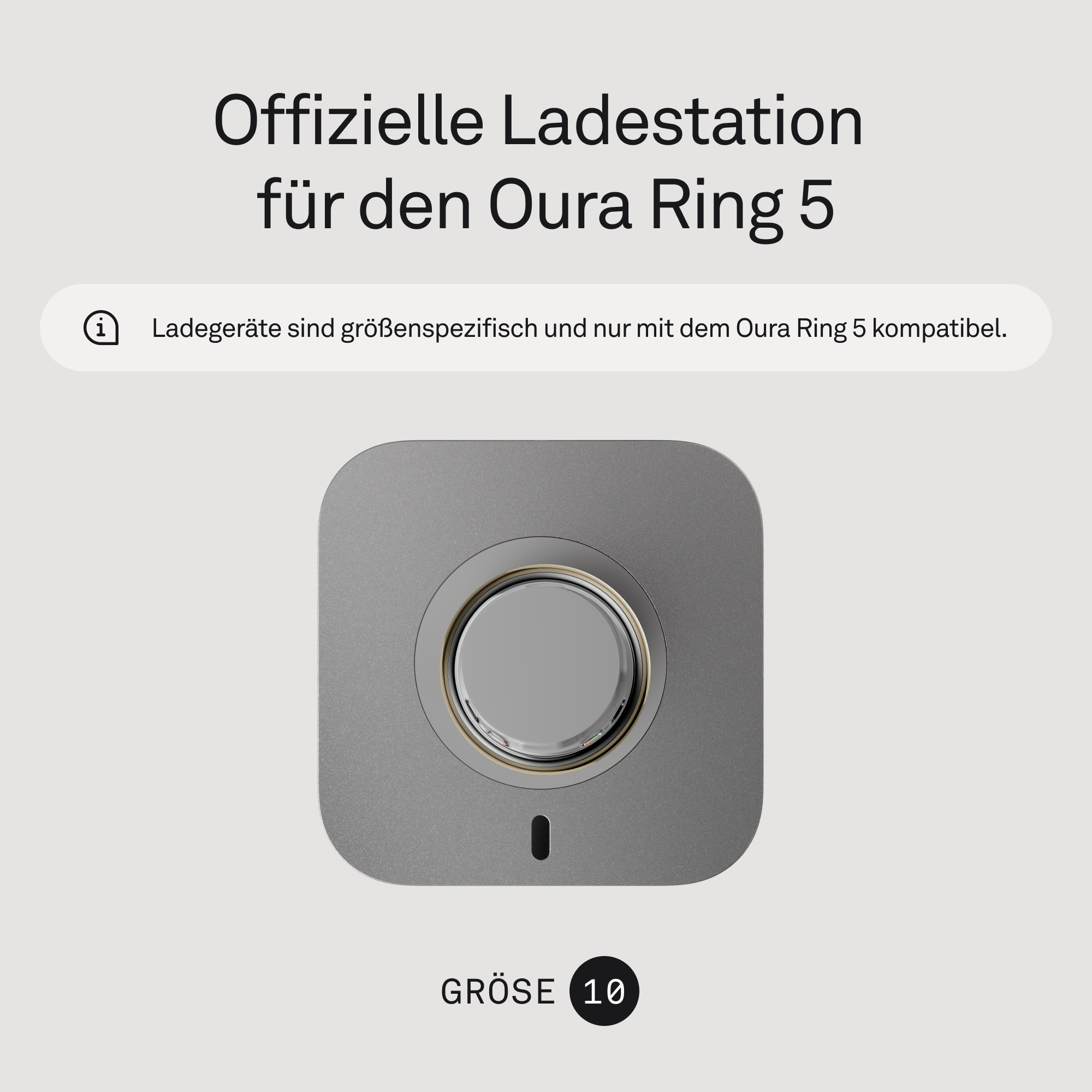 Graue Oura Ring 5 Ladestation, Größe 10, mit Ladeanzeige.