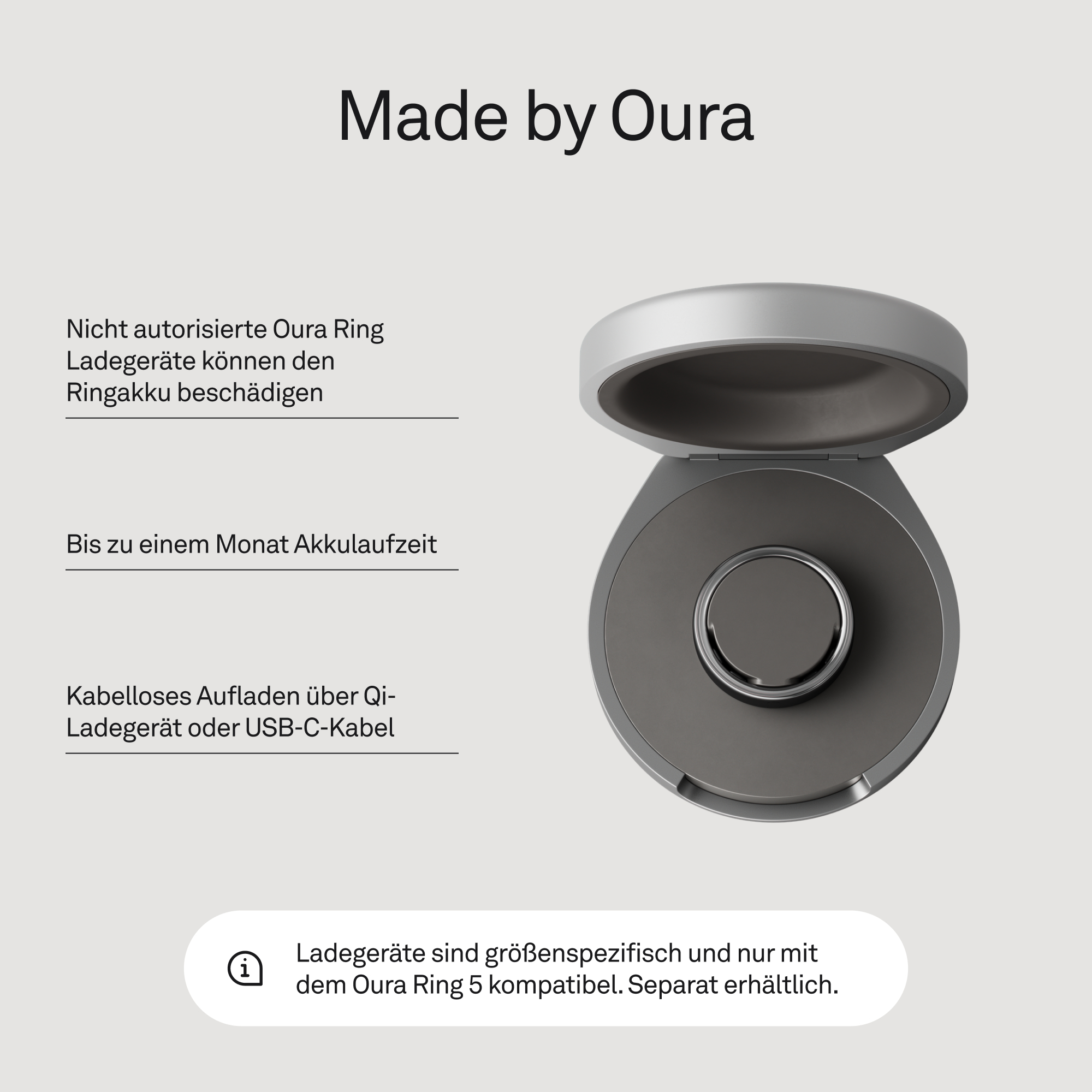 Ein graues Oura Ring Ladeetui mit aufgestelltem Deckel. Text links.
