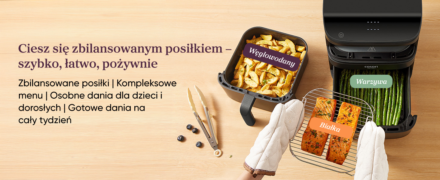 Frytkownica z frytkami, łososiem i szparagami. Napisy: Węglowodany, Białko, Warzywa.