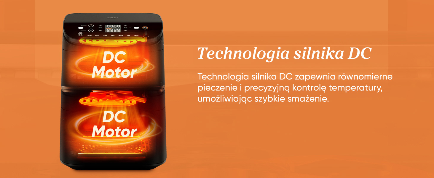 Czarna frytkownica z świecącymi pomarańczowymi elementami pokazującymi "DC Motor".