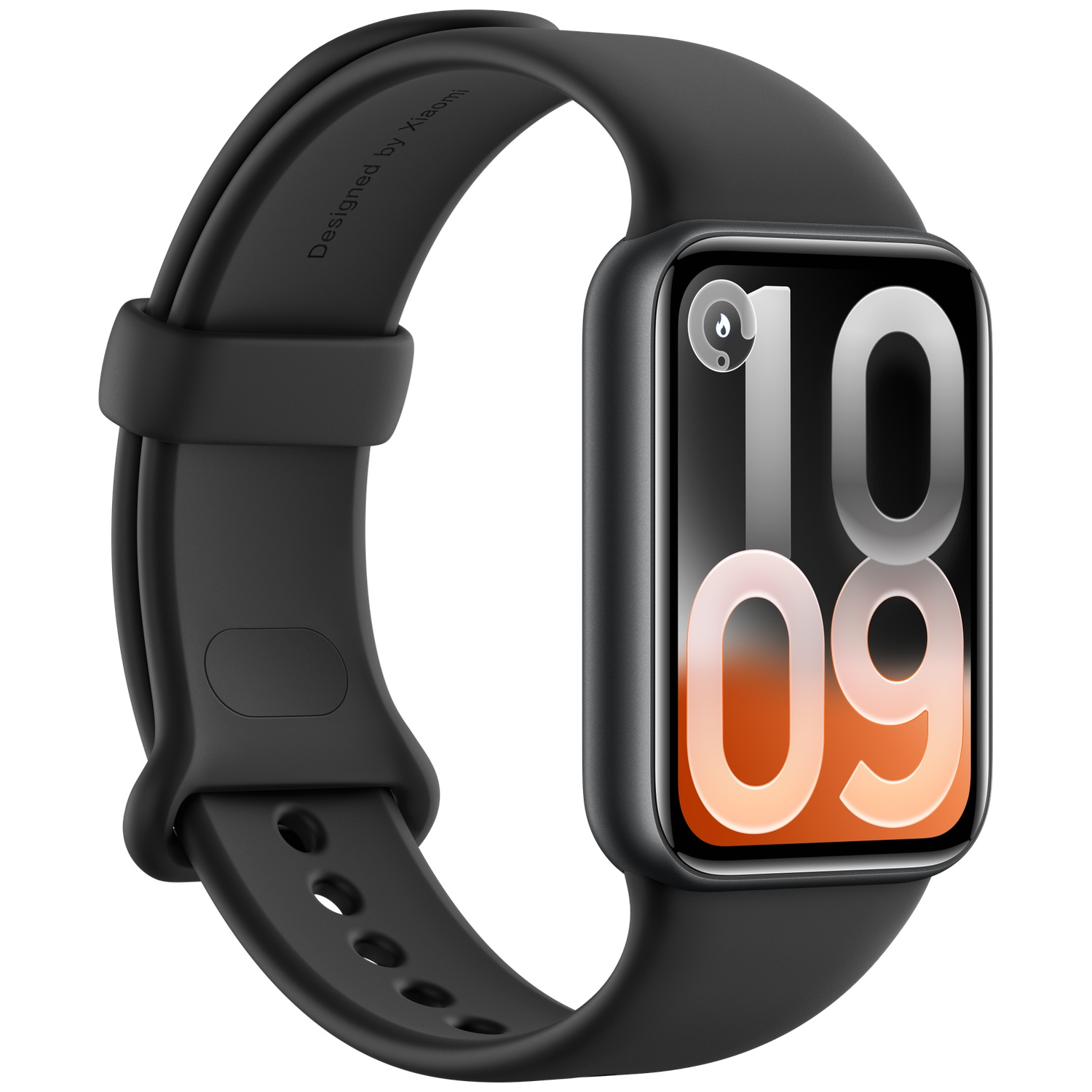 A black Xiaomi smartwatch with a large screen displaying the time 10:09.