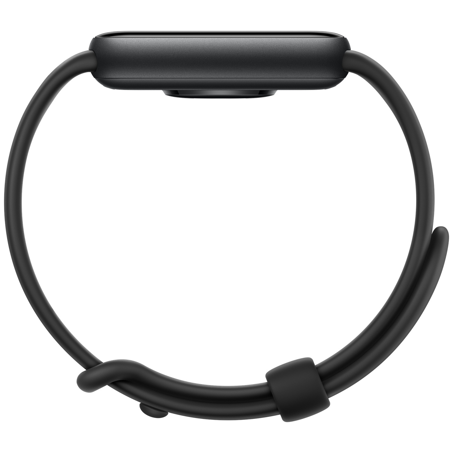 A black smartwatch band with a rectangular face and strap.