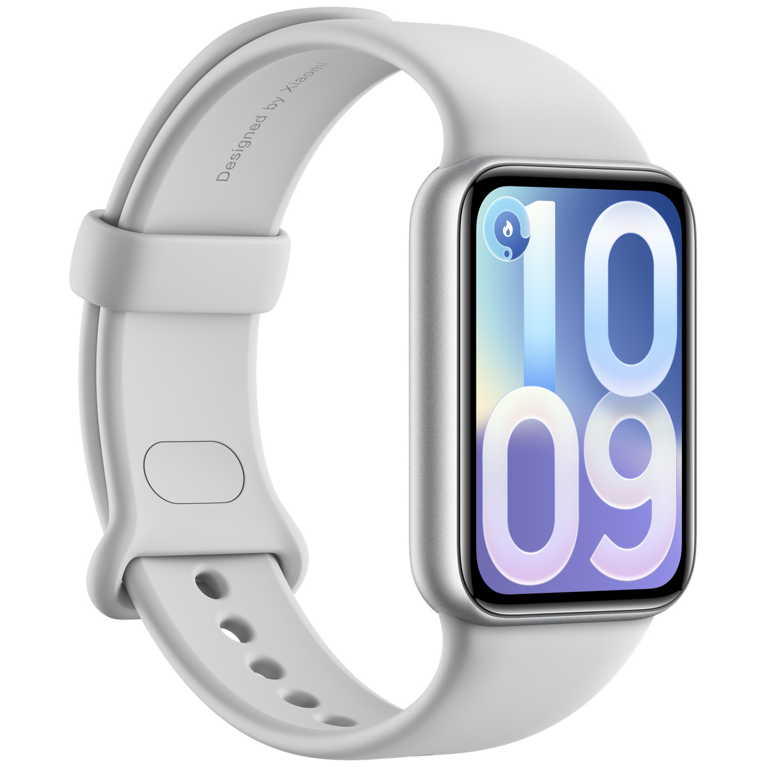 Gray Xiaomi smart band with silver casing, displaying digital time 10:09.