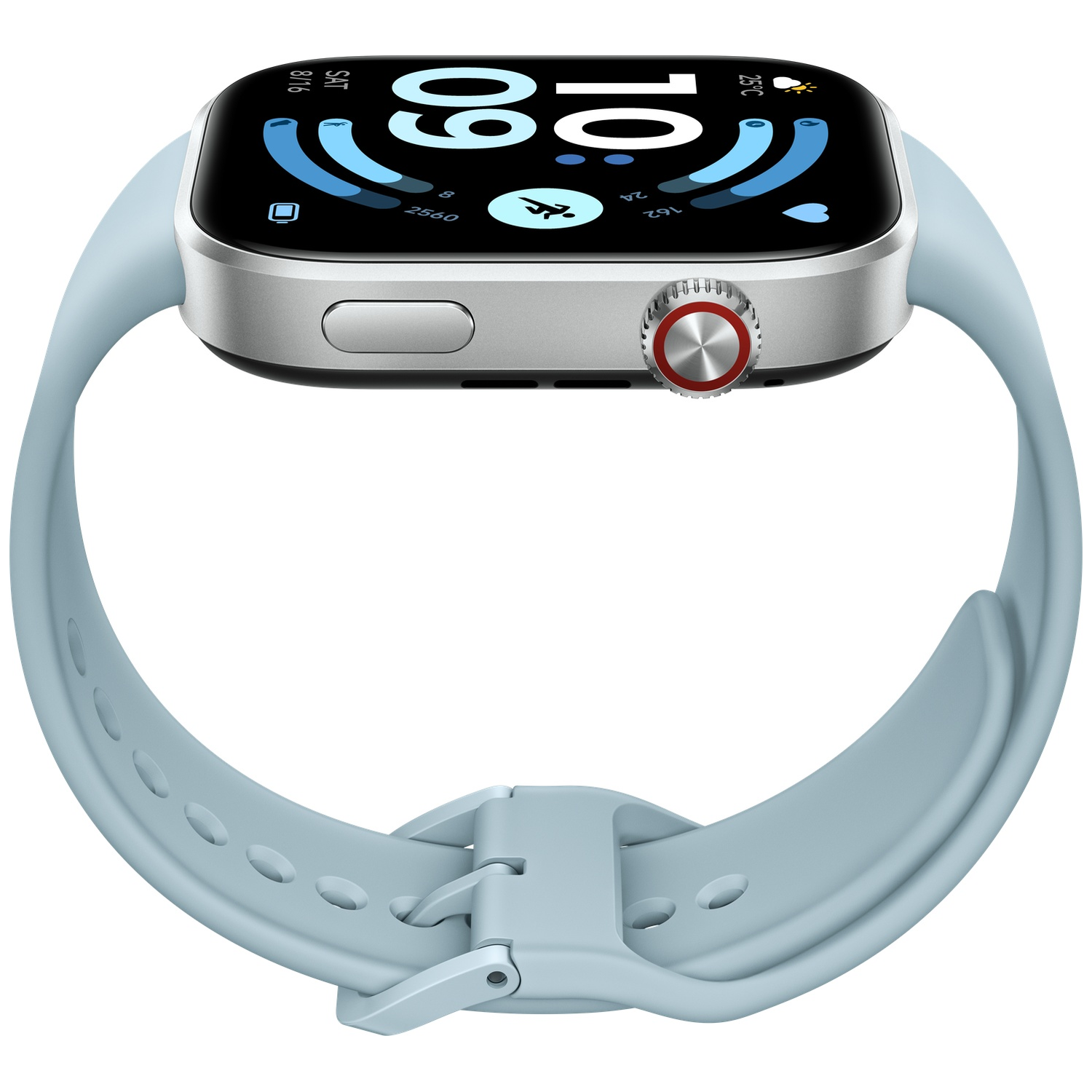 Een lichtblauwe smartwatch met een zilveren kast en een lichtblauwe band.