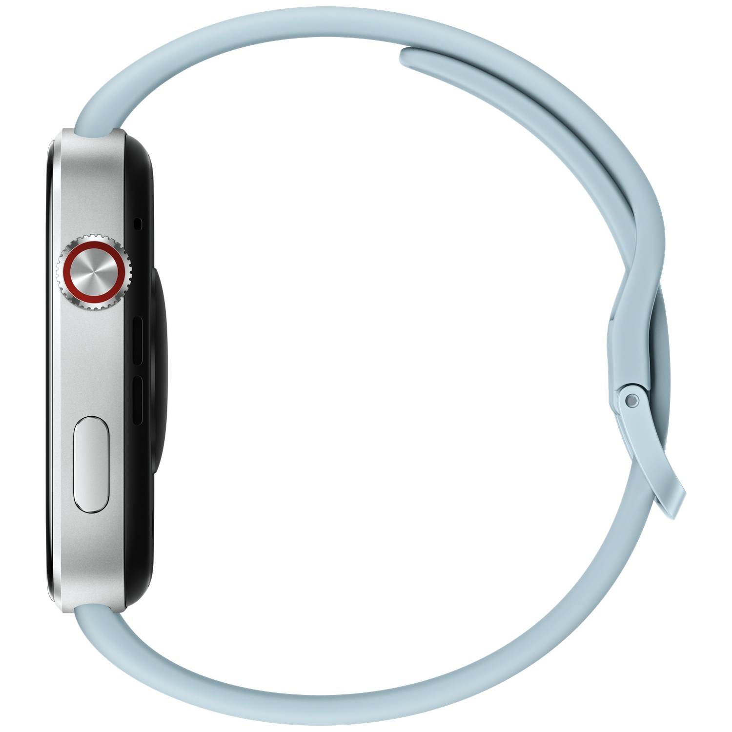 Zilverkleurig smartwatch met lichtblauw bandje, zijaanzicht.