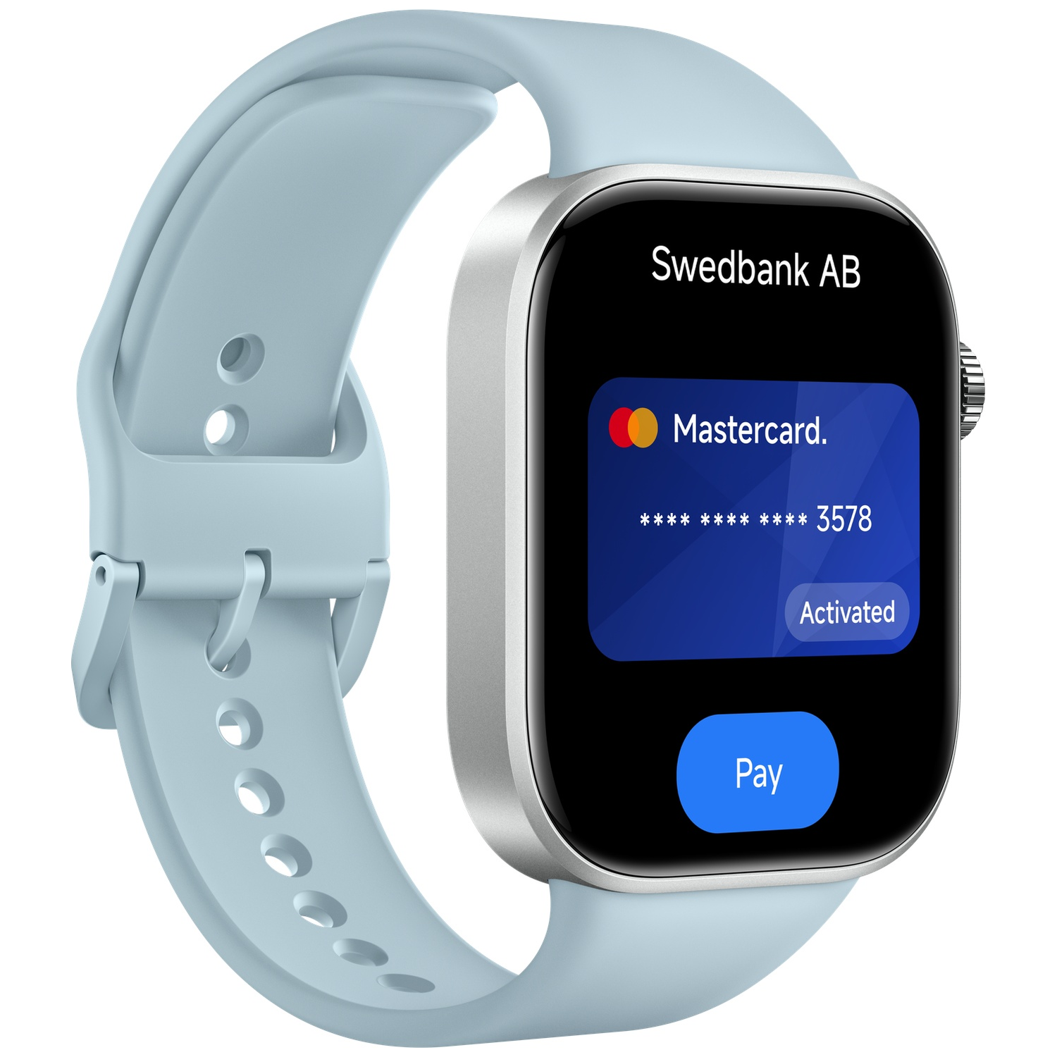 Lichtblauwe smartwatch band met zilveren behuizing, toont Mastercard op scherm.