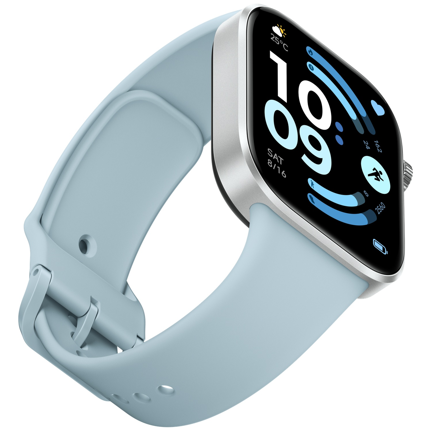 Een lichtblauwe smartwatch met zilveren behuizing en digitaal display dat tijd en datum toont.