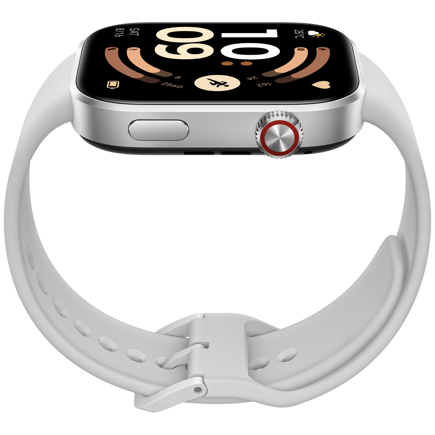 Een witte smartwatch met zilveren behuizing, die de tijd op het scherm toont.