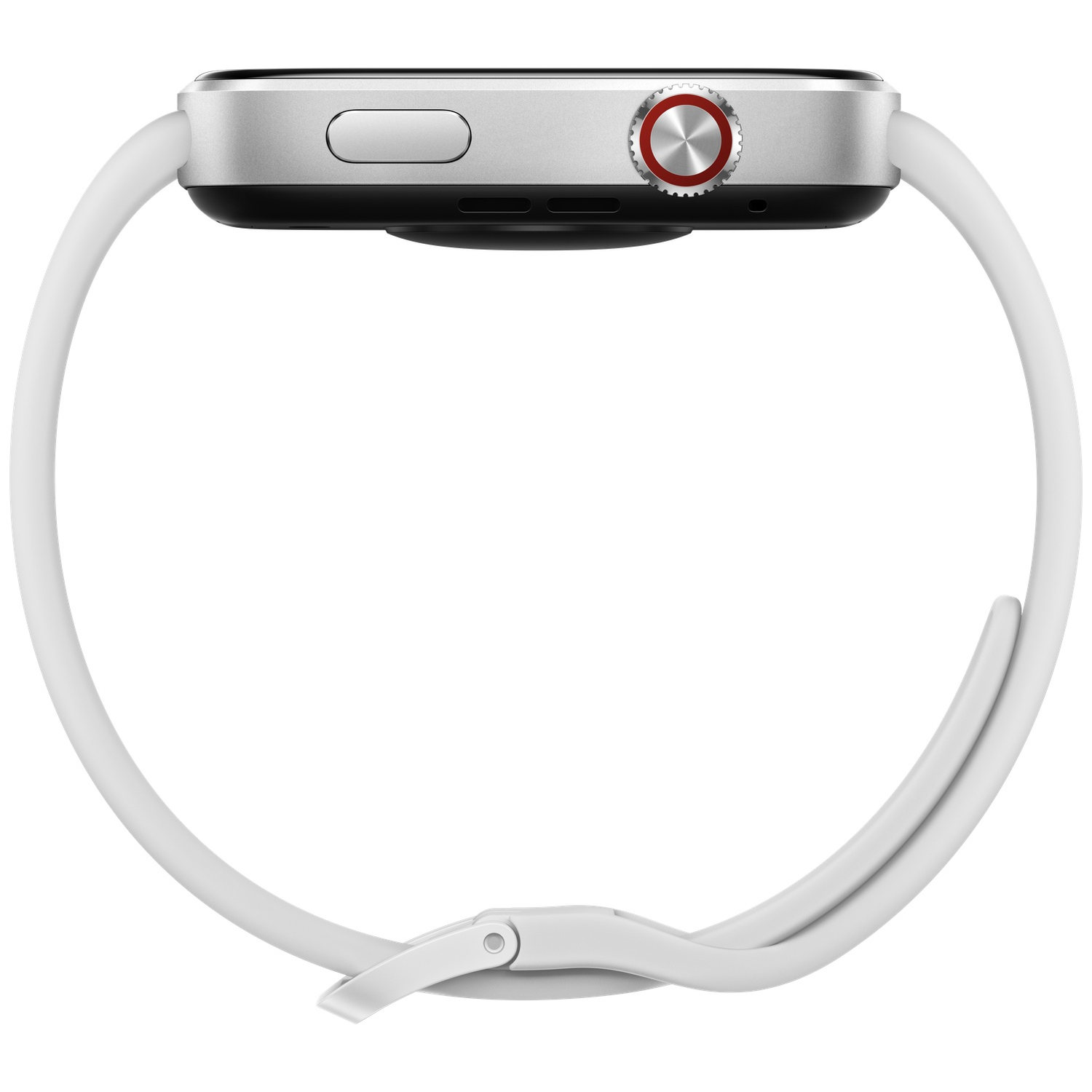 Zilverkleurig smartwatch met wit bandje en rode ring op witte achtergrond.