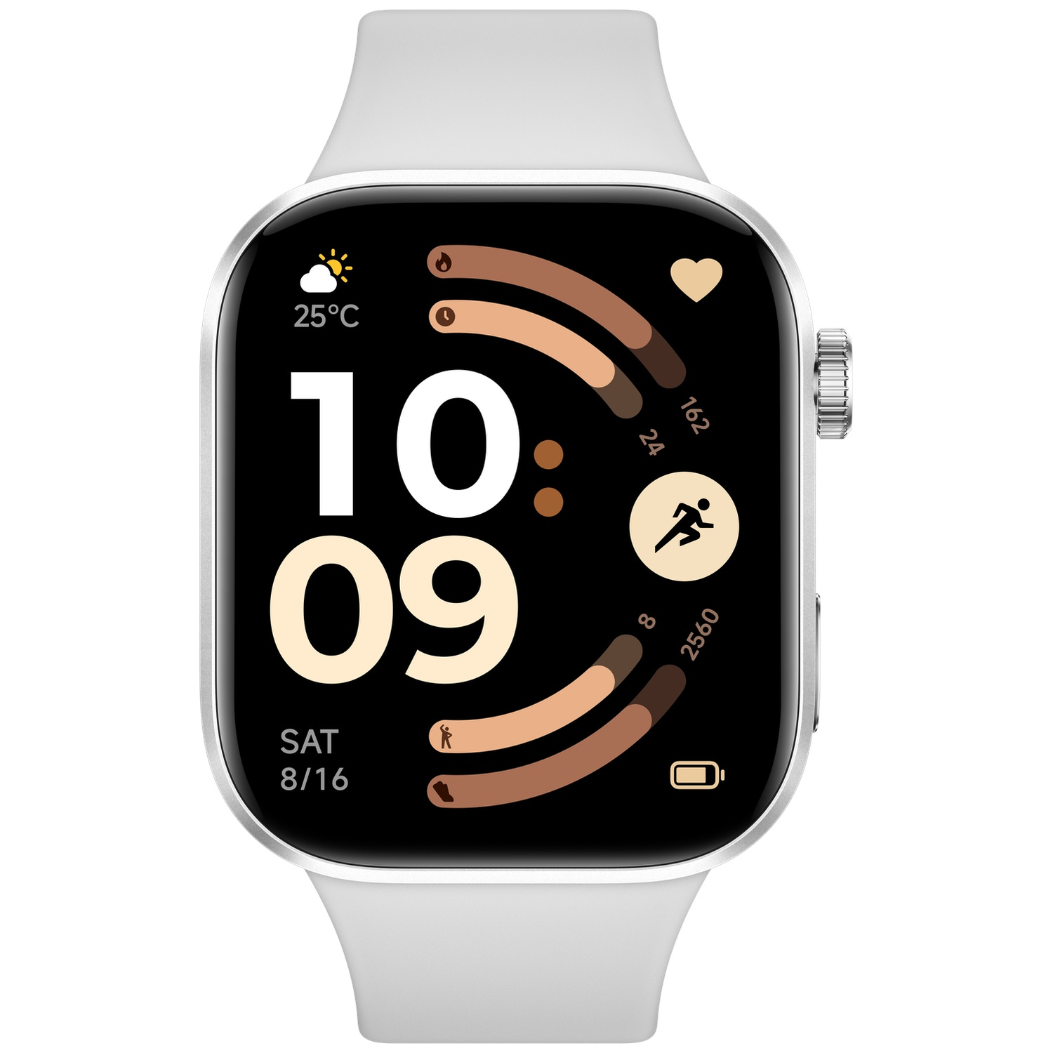 Een witte smartwatch toont 10:09, 25°C, 8 stappen, 2560m en batterij.