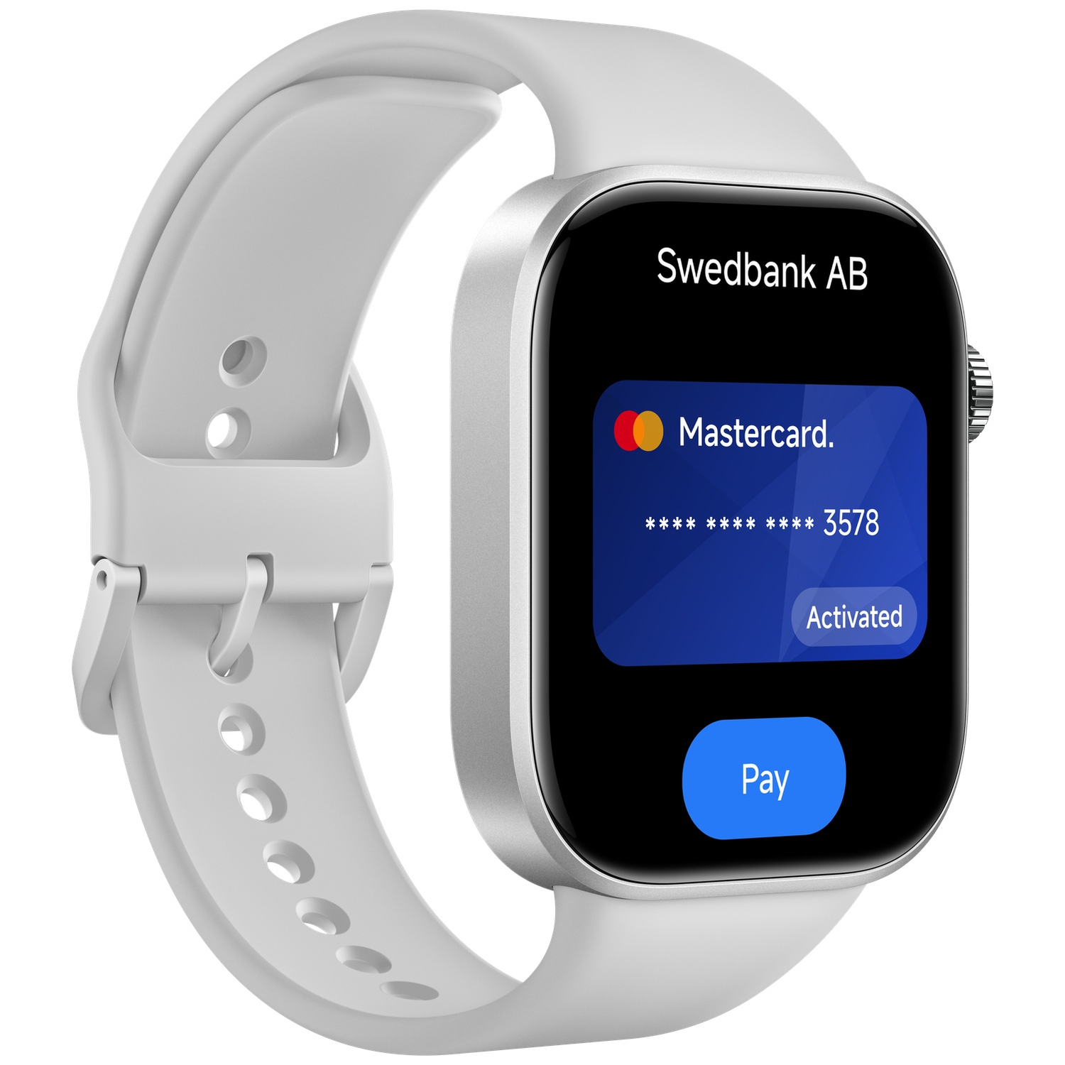 Zilverkleurig smartwatch met wit bandje toont Mastercard eindigend op 3578.