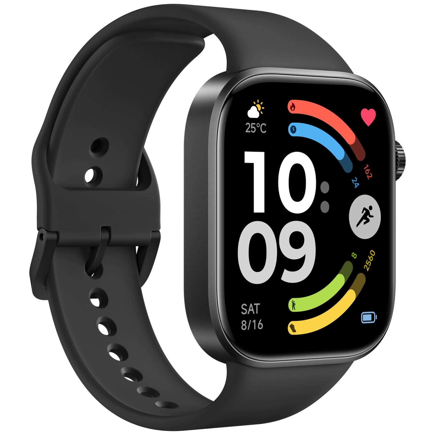 Black smartwatch with a black band and a detailed display screen.