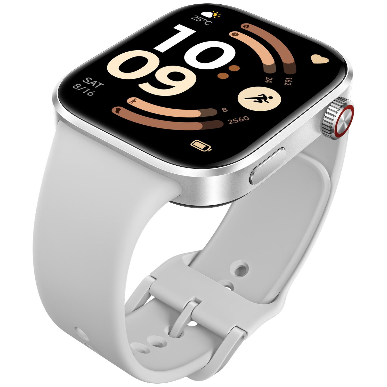 Zilverkleurig smartwatch met lichtgekleurde band. Toont 10:09, 25°C, stappen en hartslag.
